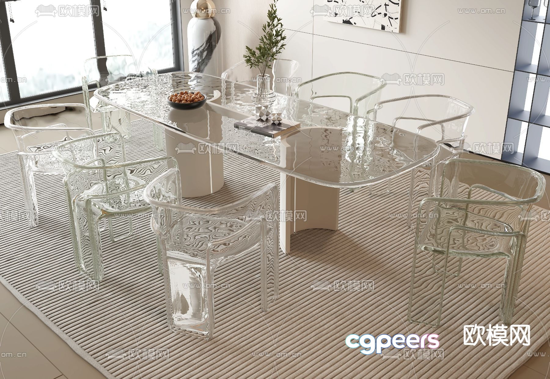 Strip dining table and chairs Glass dining table 3D model Strip dining table and chairs Glass dining table 3D model