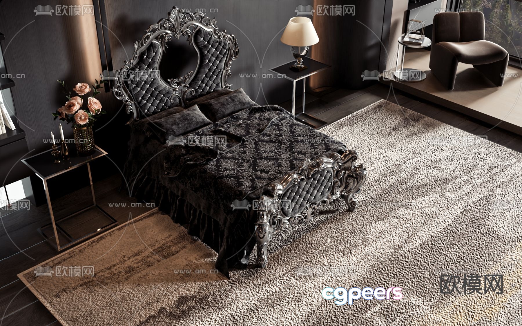 European double bed dark bed 3d model European double bed dark bed 3d model