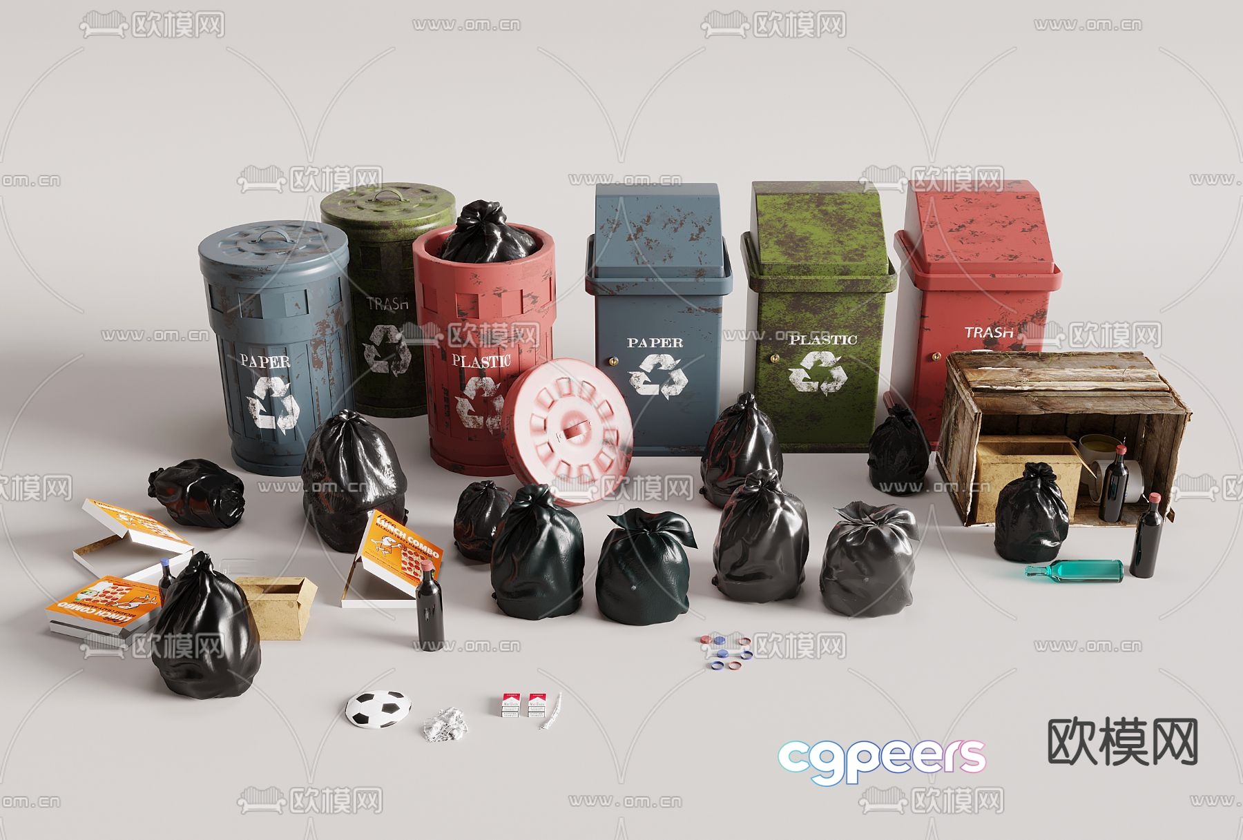Public trash can, classified trash can, garbage bag 3D model Public trash can, classified trash can, garbage bag 3D model