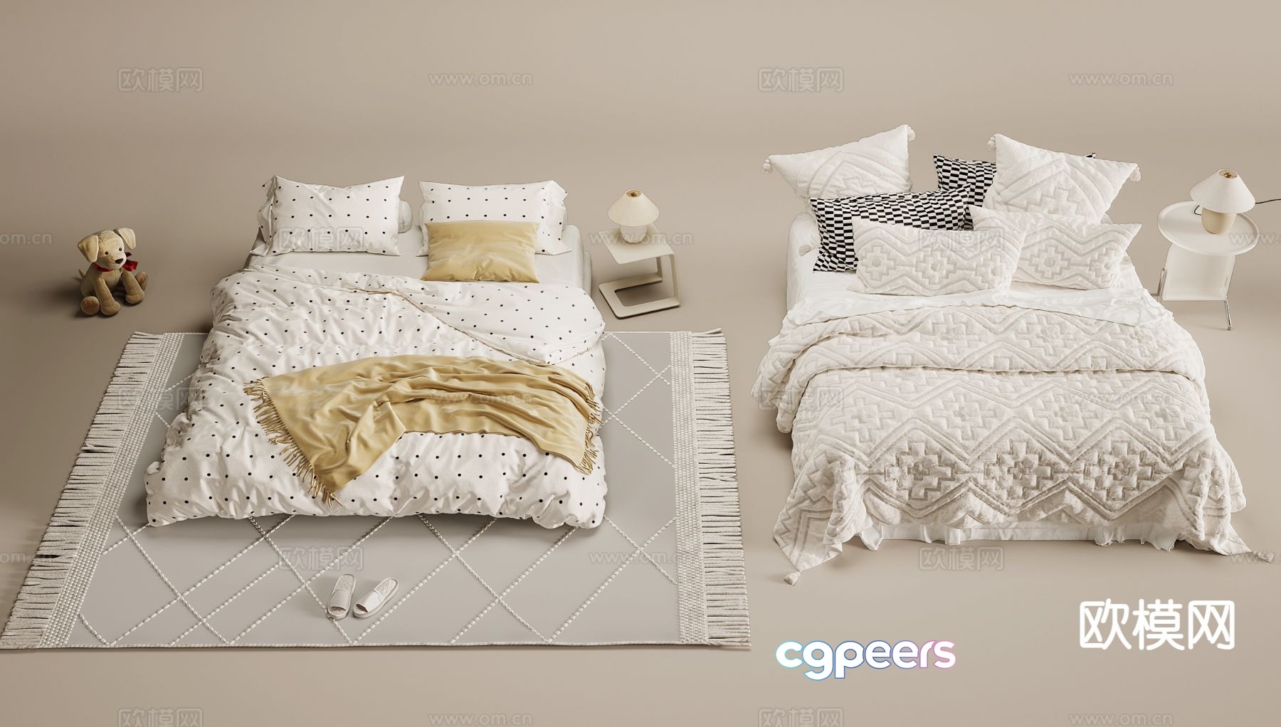Cream style double bed bedding 3d model Cream style double bed bedding 3d model