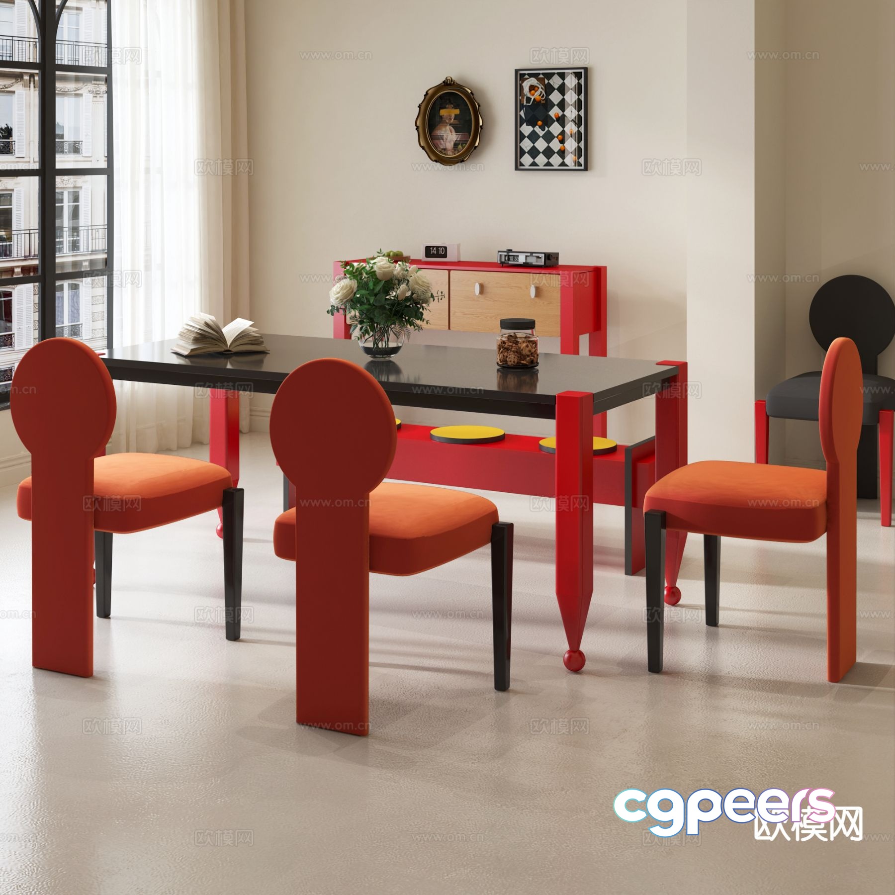 Memphis dining table and chairs long table 3d model Memphis dining table and chairs long table 3d model