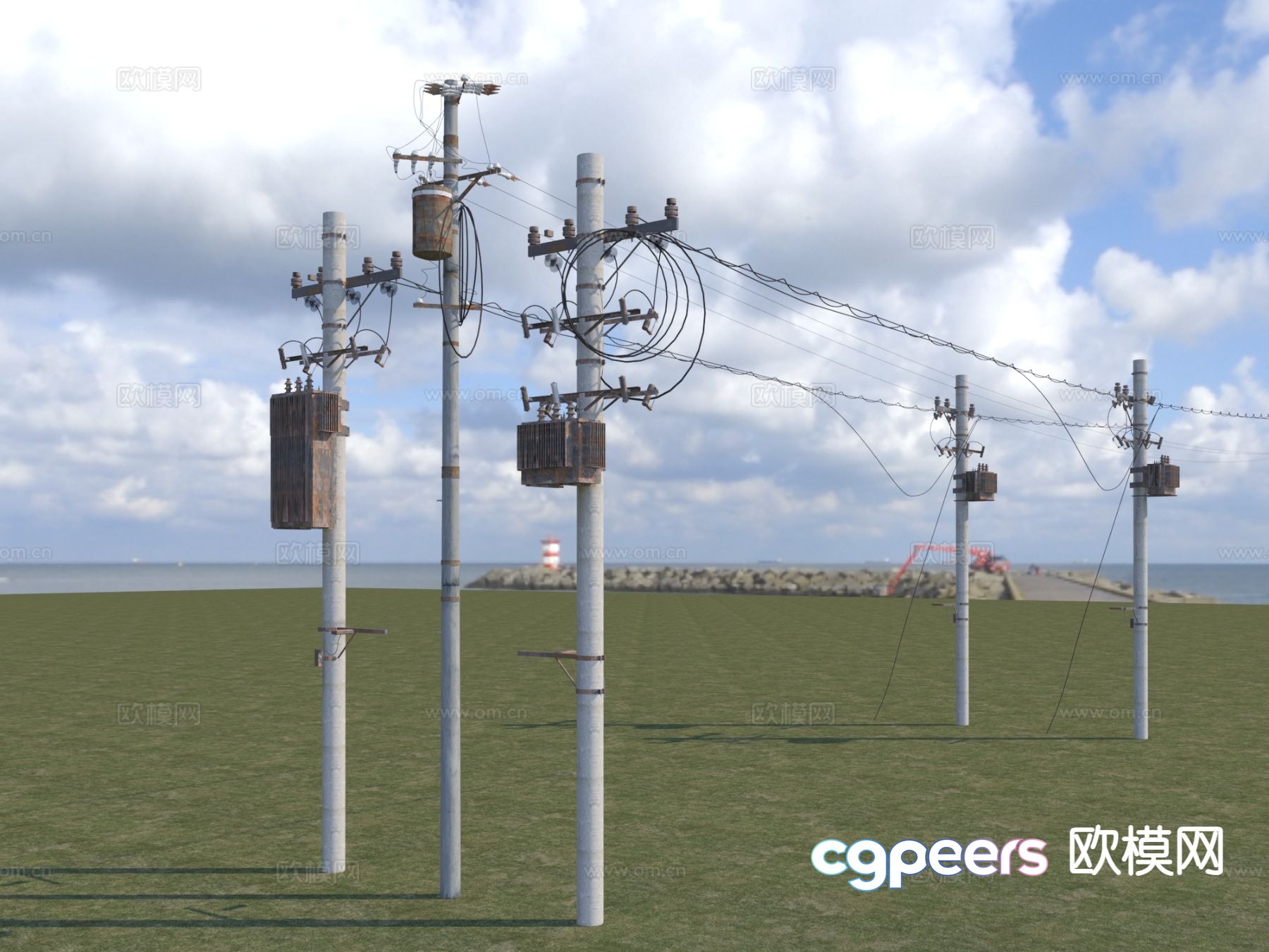 Telephone pole, high voltage line, signal tower 3D model
