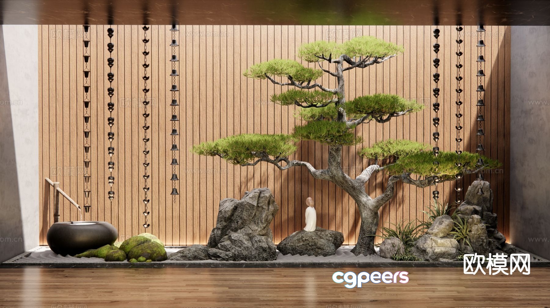 New Chinese style pine tree plant pile courtyard landscape sketch 3D model New Chinese style pine tree plant pile courtyard landscape sketch 3D model