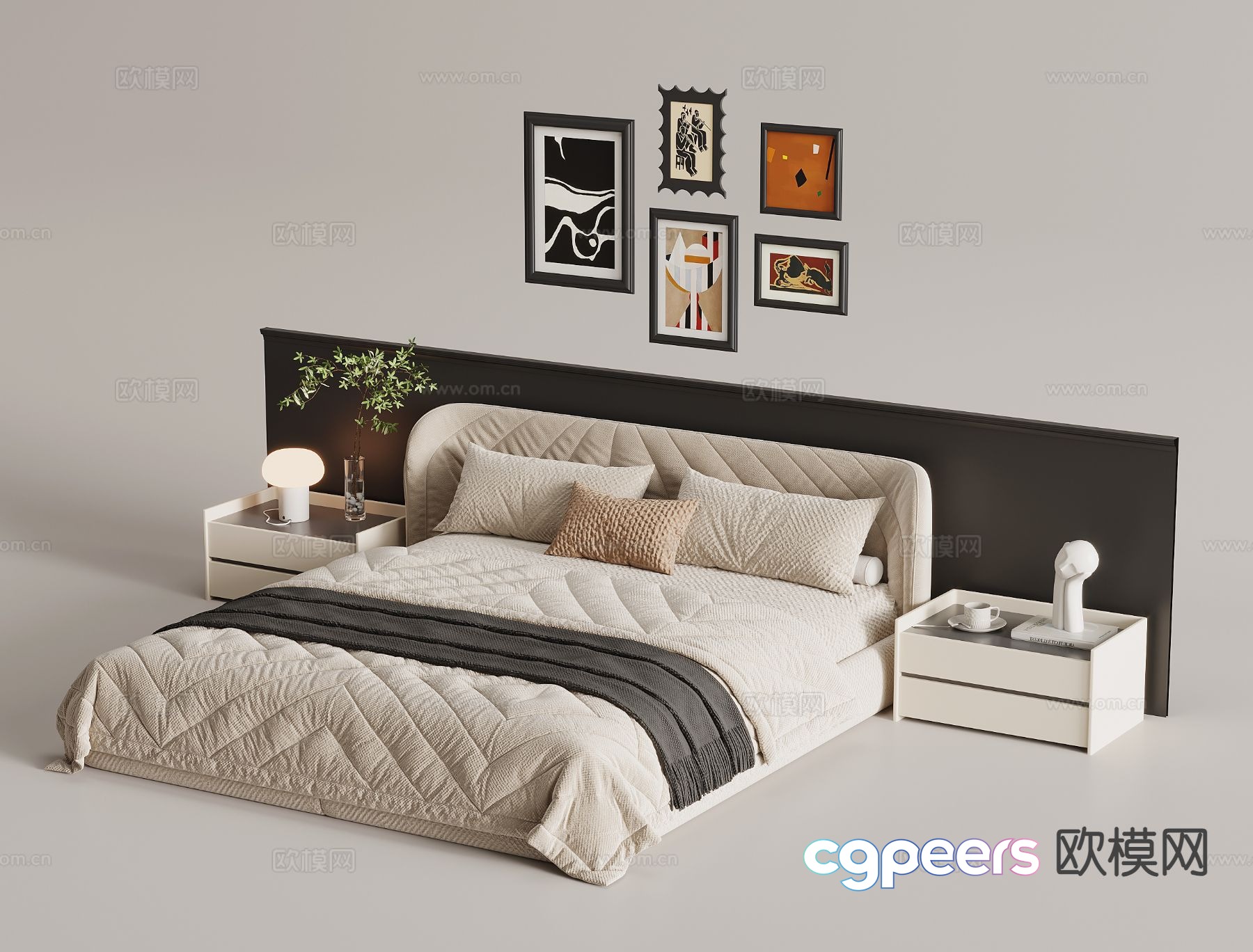 French double bed bedside table 3d model French double bed bedside table 3d model