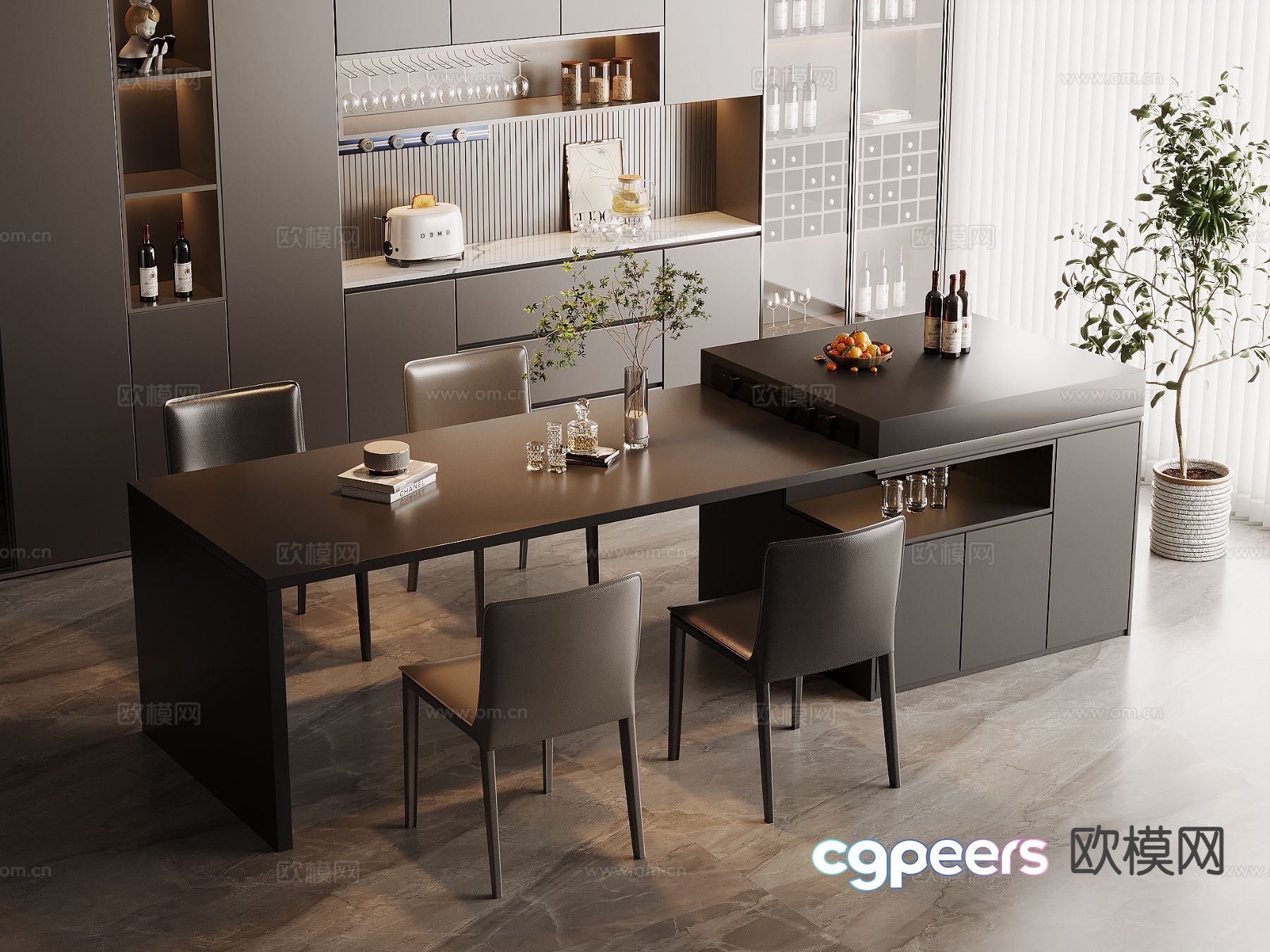 Modern island dining table and chairs 3d model Modern island dining table and chairs 3d model
