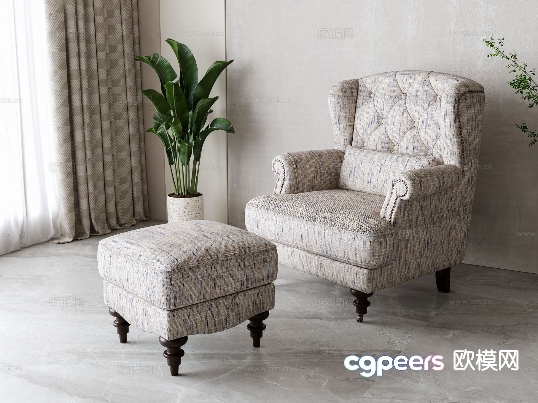 American single sofa footstool 3d model American single sofa footstool 3d model
