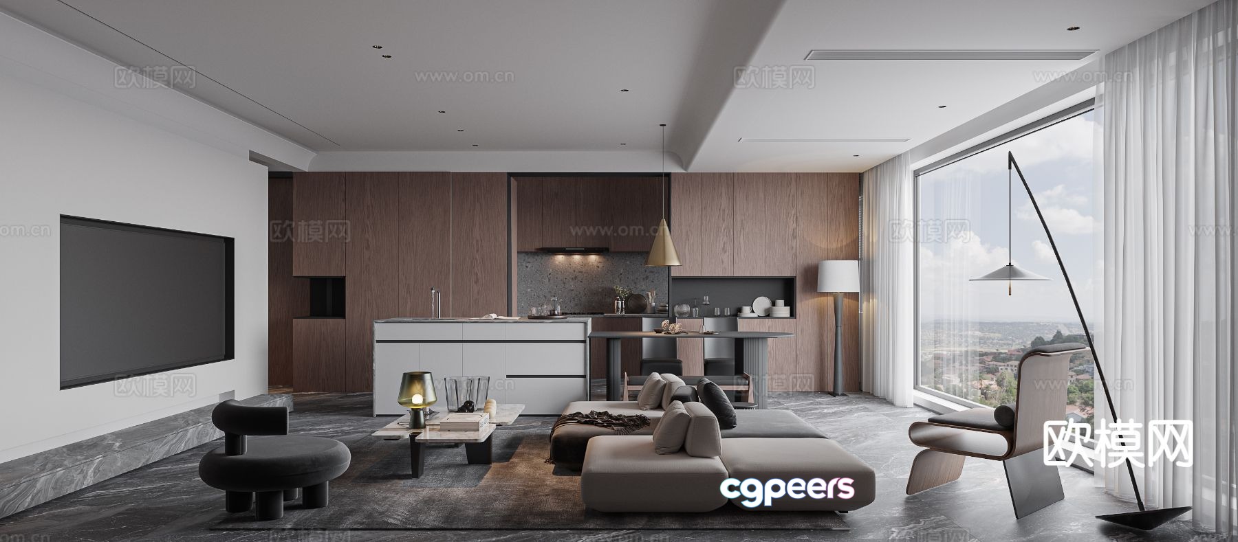Modern living room and dining room horizontal hall 3D model Modern living room and dining room horizontal hall 3D model