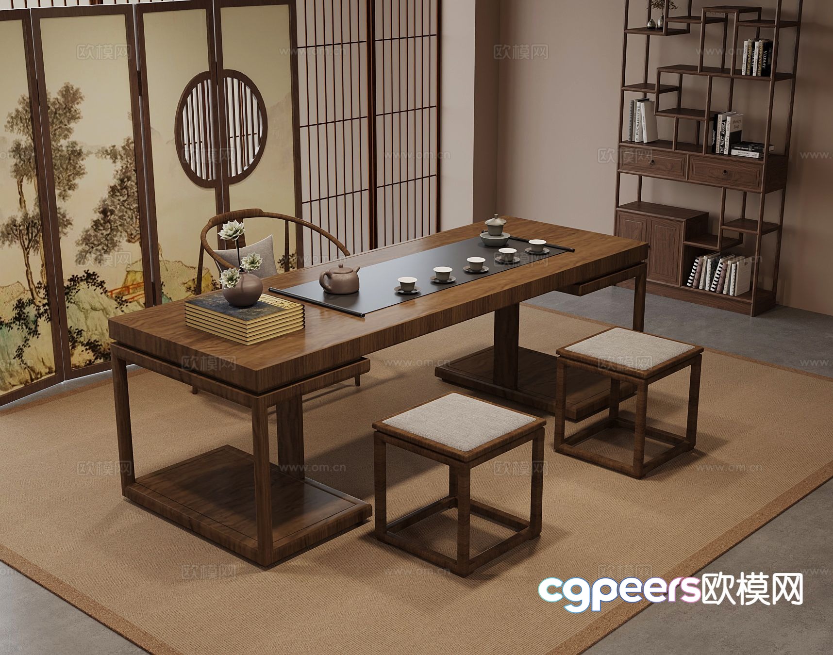 New Chinese style tea table and chairs tea set Bogu rack 3D model New Chinese style tea table and chairs tea set Bogu rack 3D model