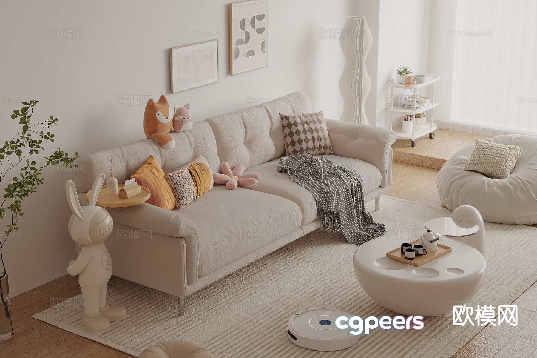 Cream style double sofa modular sofa 3d model Cream style double sofa modular sofa 3d model
