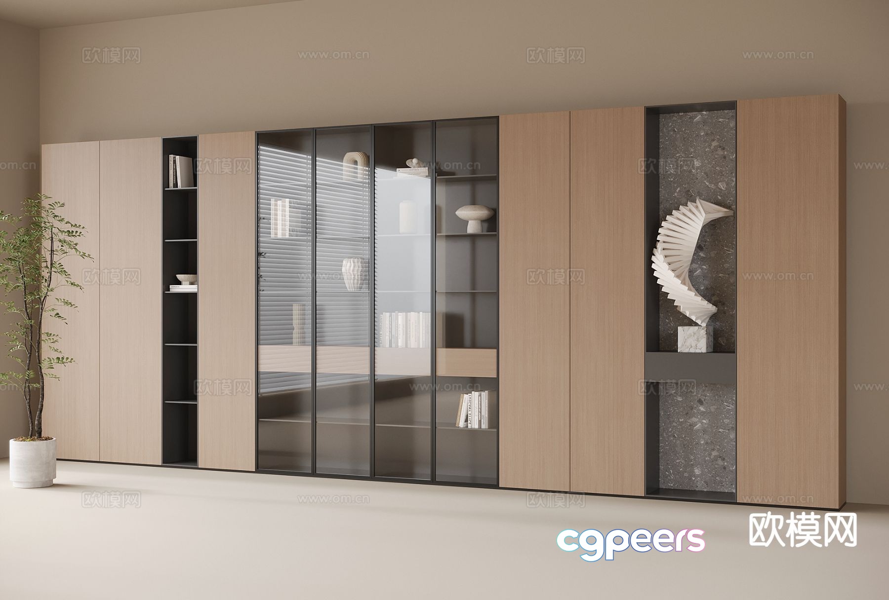 Modern wall-to-wall bookcase 3D model Modern wall-to-wall bookcase 3D model