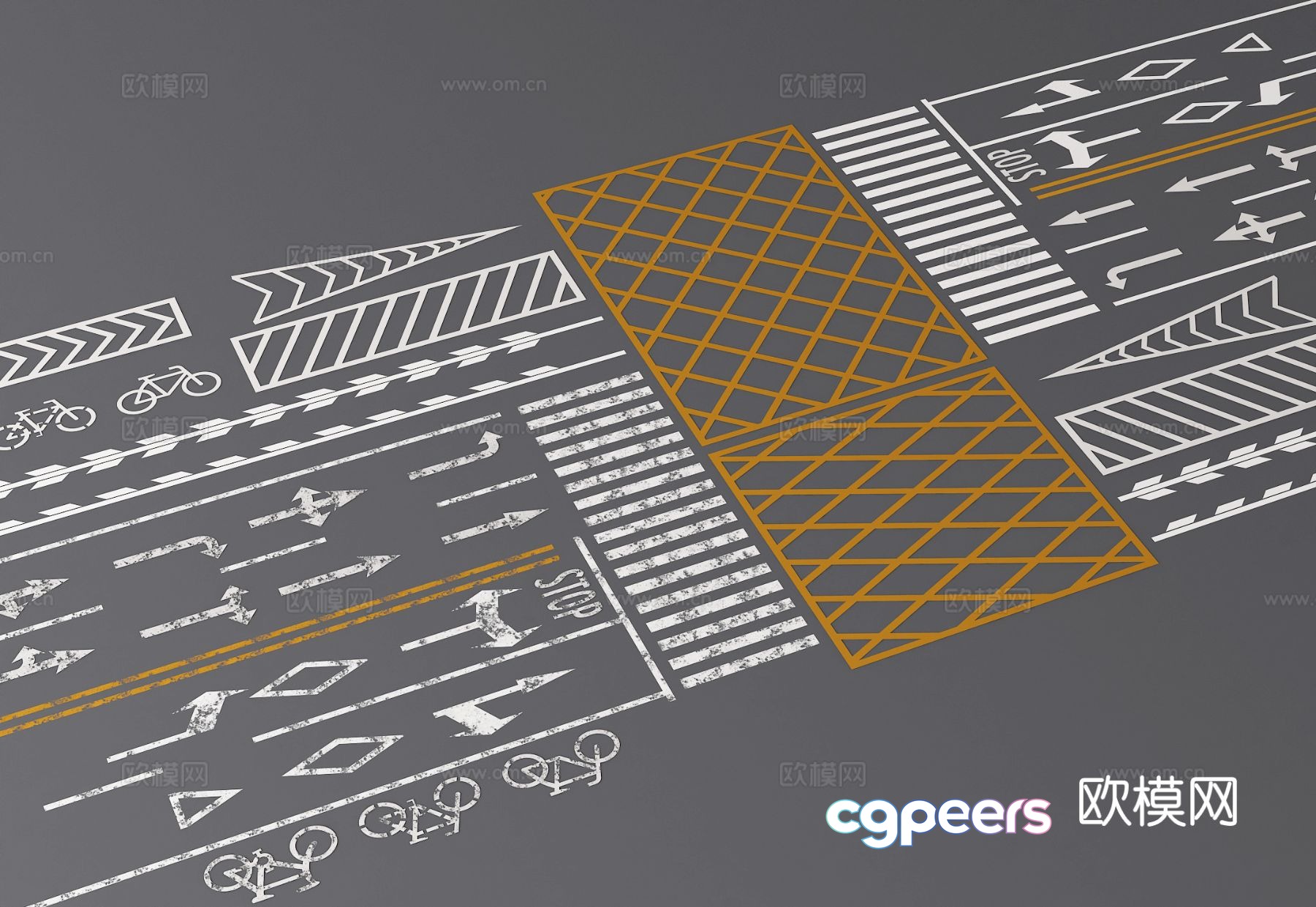 Municipal road signs, sign lines, zebra crossing arrows 3D model Municipal road signs, sign lines, zebra crossing arrows 3D model