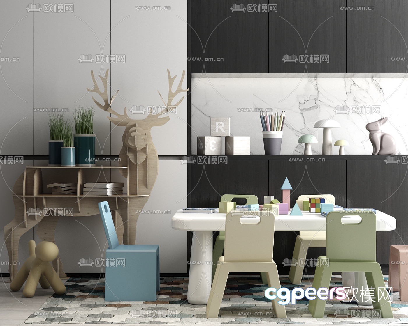 Modern children’s cabinet children’s table and chairs 3d model Modern children’s cabinet children’s table and chairs 3d model