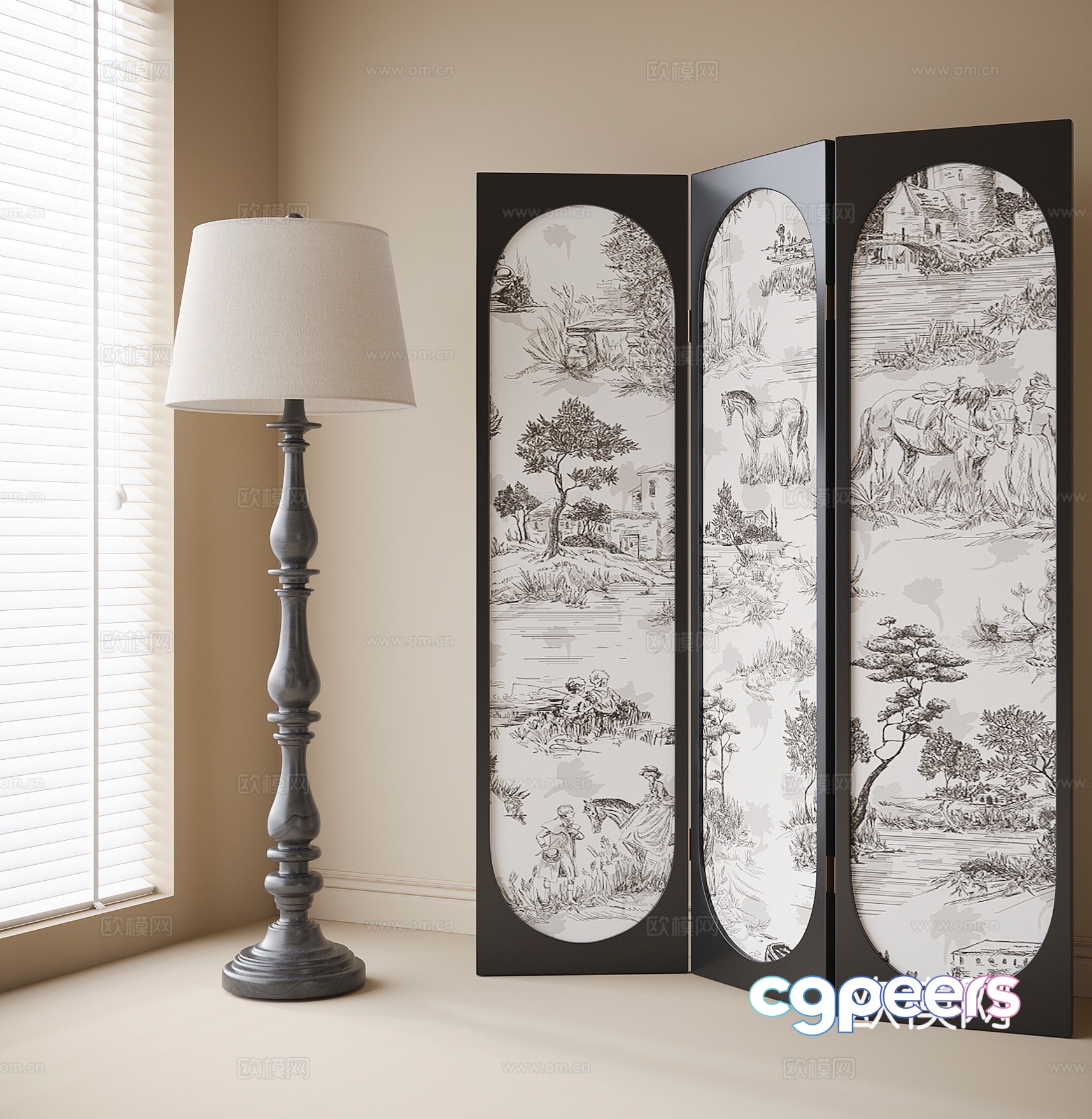 French folding screen floor lamp 3d model French folding screen floor lamp 3d model
