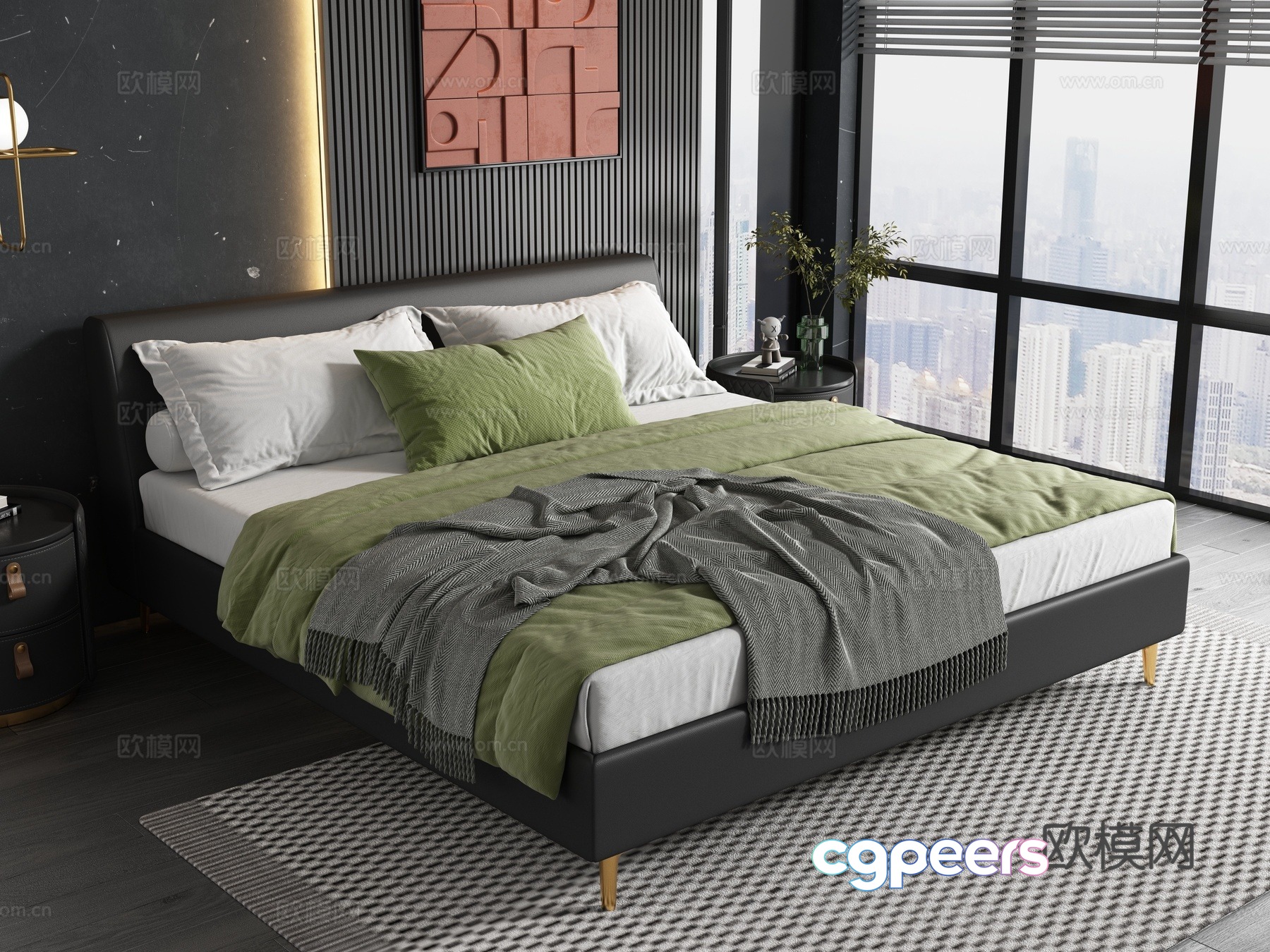 Modern black double bed 3d model Modern black double bed 3d model