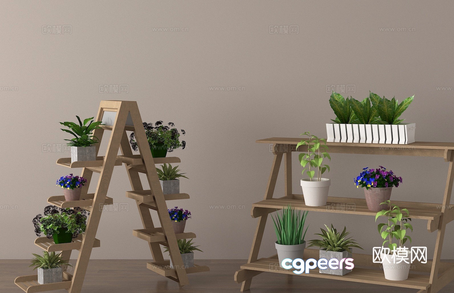 Solid wood flower stand trapezoidal flower stand green plant potted plant 3D model Solid wood flower stand trapezoidal flower stand green plant potted plant 3D model