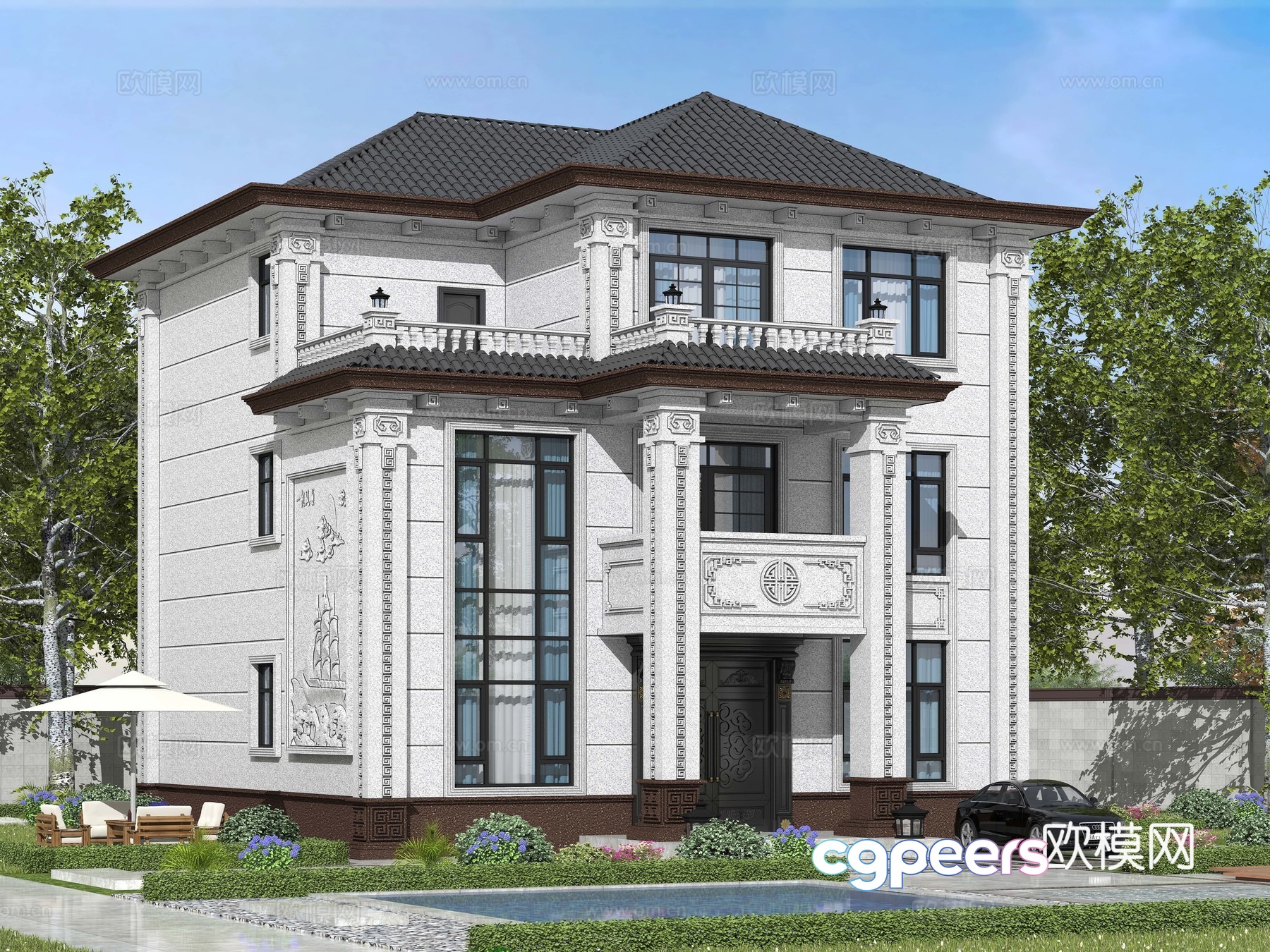 Chinese style single-family villa appearance 3D model Chinese style single-family villa appearance 3D model