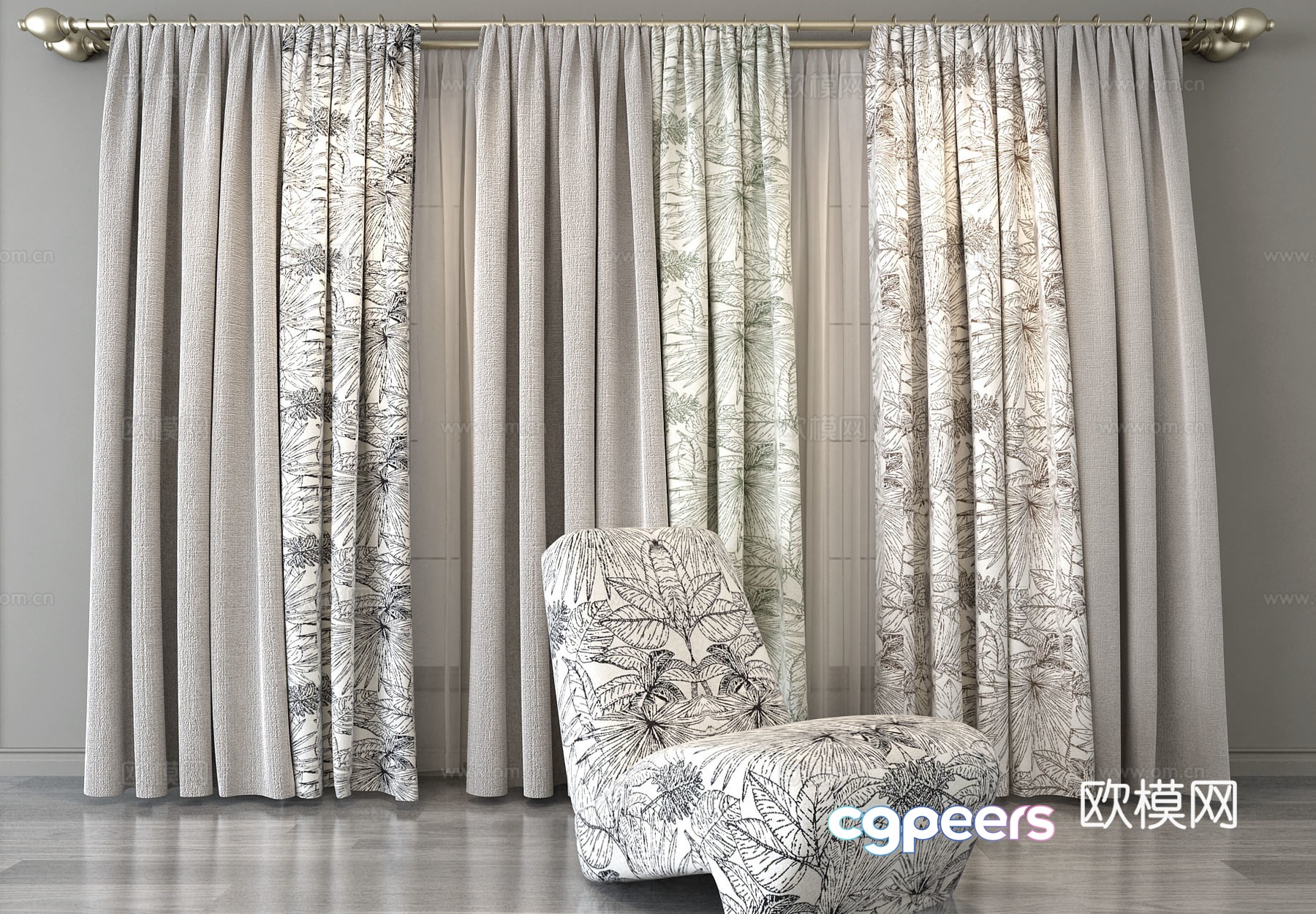 Modern printed fabric curtain 3d model Modern printed fabric curtain 3d model