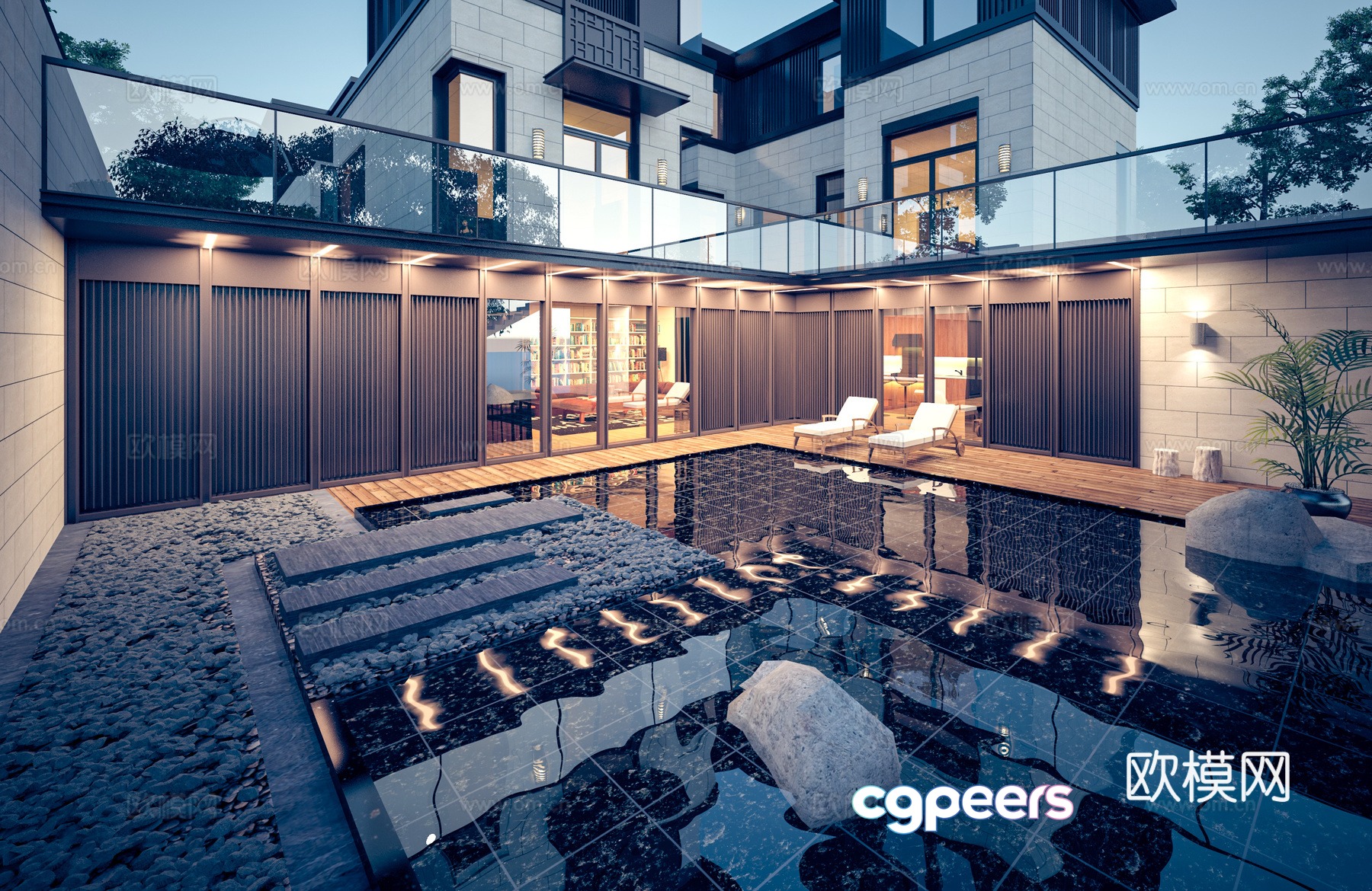 Modern villa night view villa courtyard villa swimming pool 3d model Modern villa night view villa courtyard villa swimming pool 3d model
