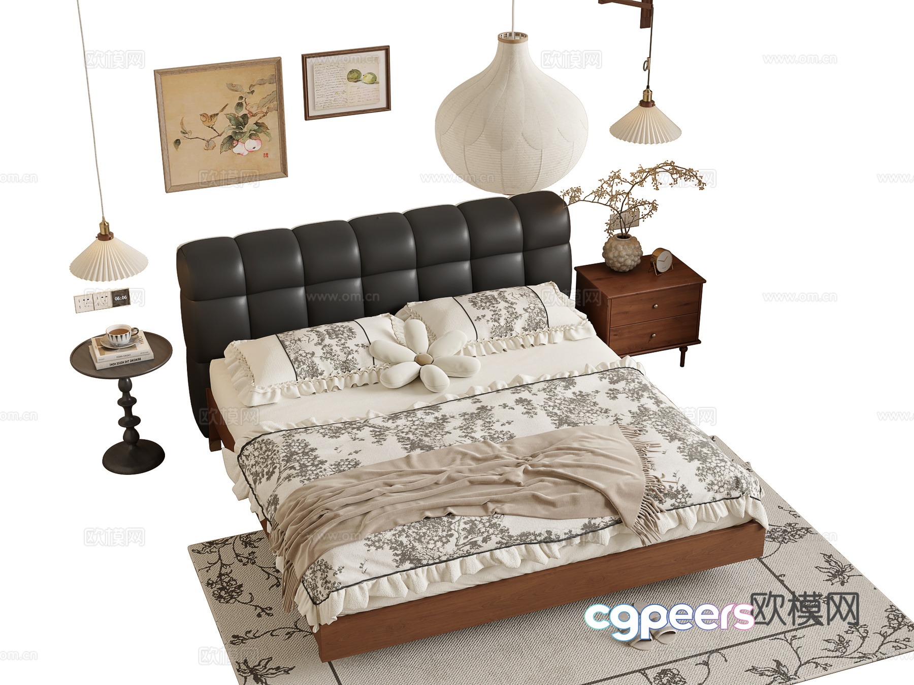 Middle -aged wind double bed 3D model Middle -aged wind double bed 3D model