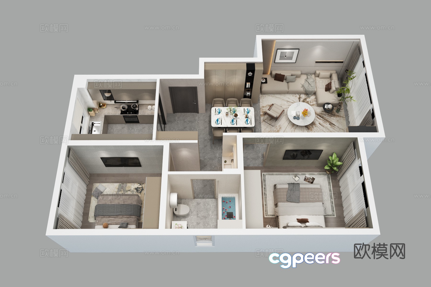 Aerial view of modern home decoration model room 3d model Aerial view of modern home decoration model room 3d model
