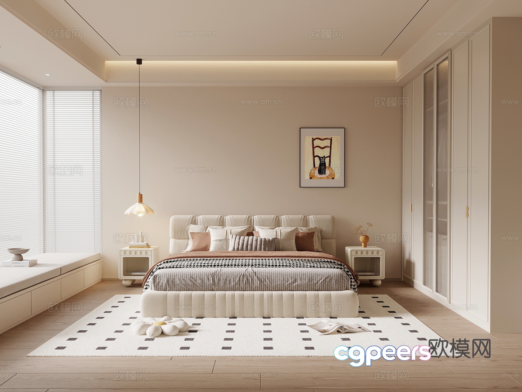 Modern cream style bedroom fabric double bed nightstand chandeliers decorative painting 3d model Modern cream style bedroom fabric double bed nightstand chandeliers decorative painting 3d model