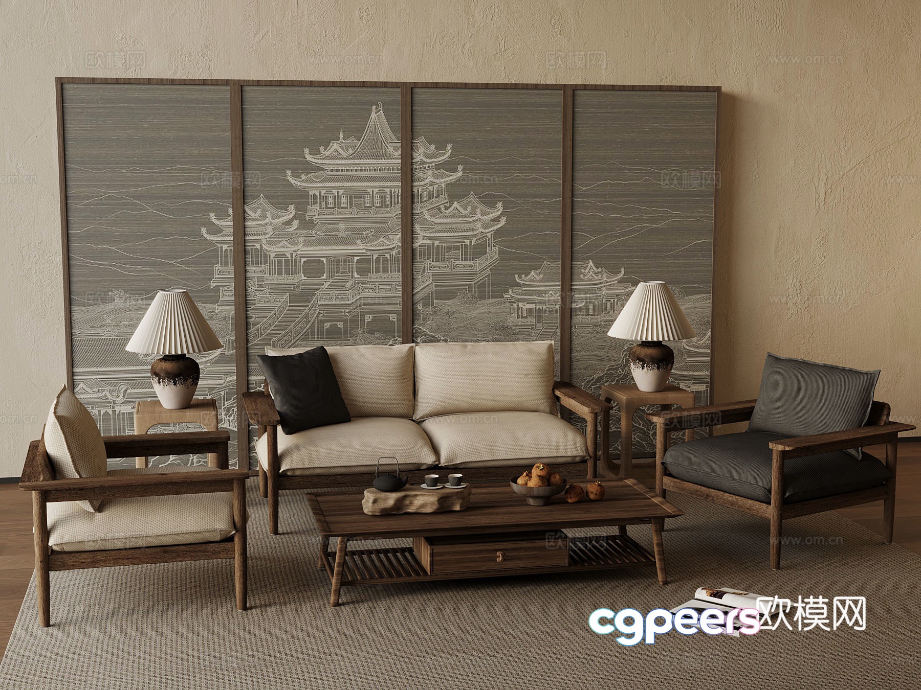 New Chinese sofa casual table and chairs screen 3d model New Chinese sofa casual table and chairs screen 3d model