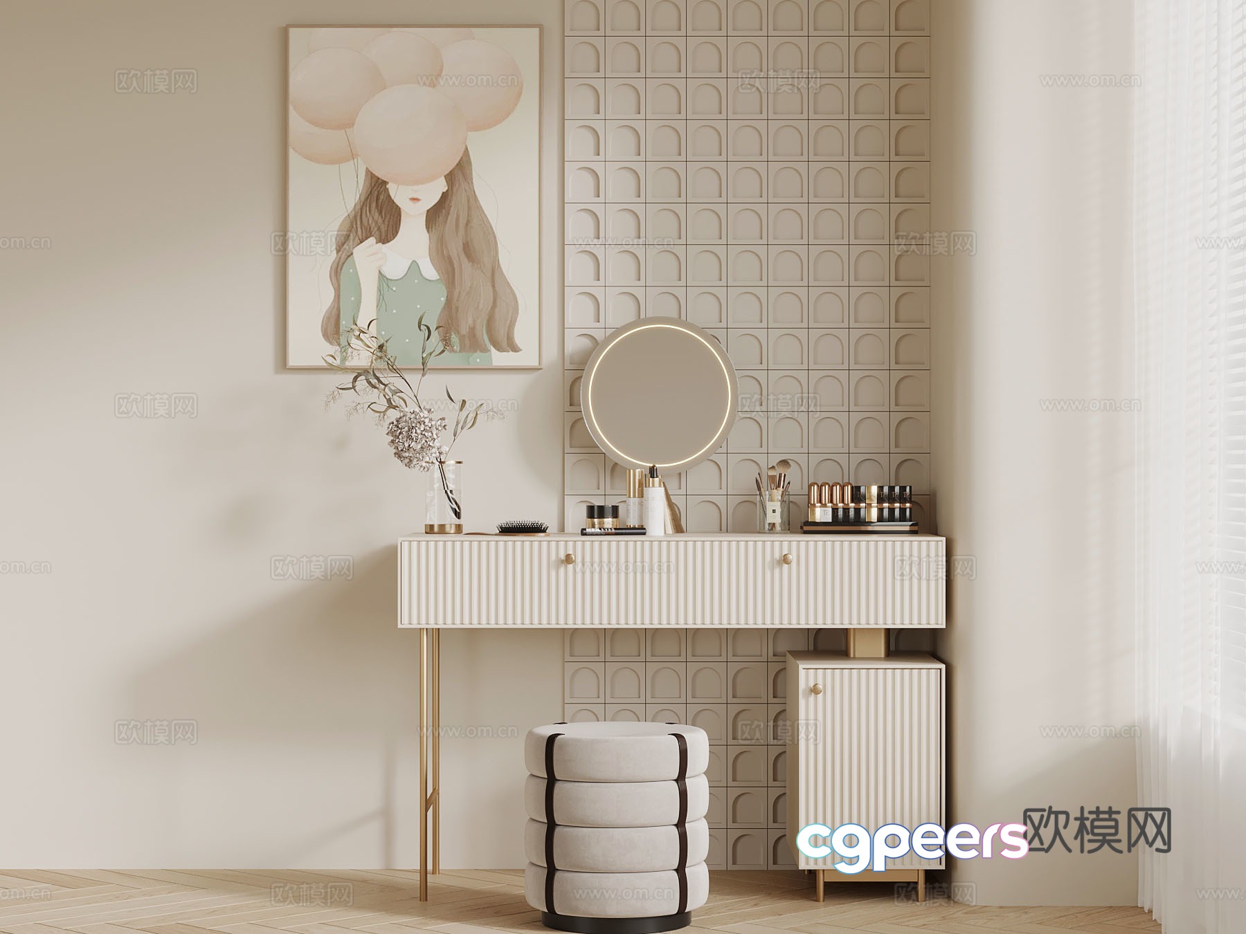French cream style styling dressing table 3d model French cream style styling dressing table 3d model