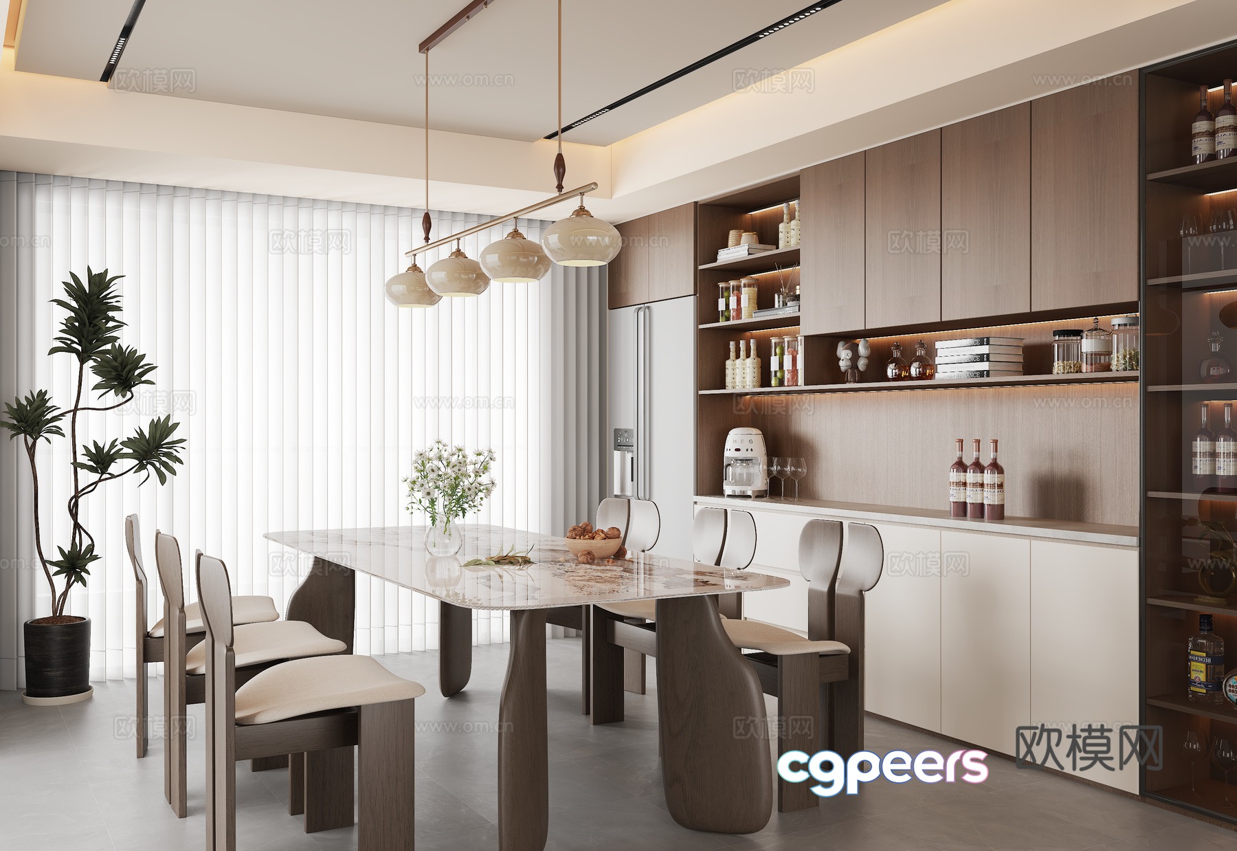 Middle style restaurant dining table and chair combination sideboard chandeliers 3D model Middle style restaurant dining table and chair combination sideboard chandeliers 3D model