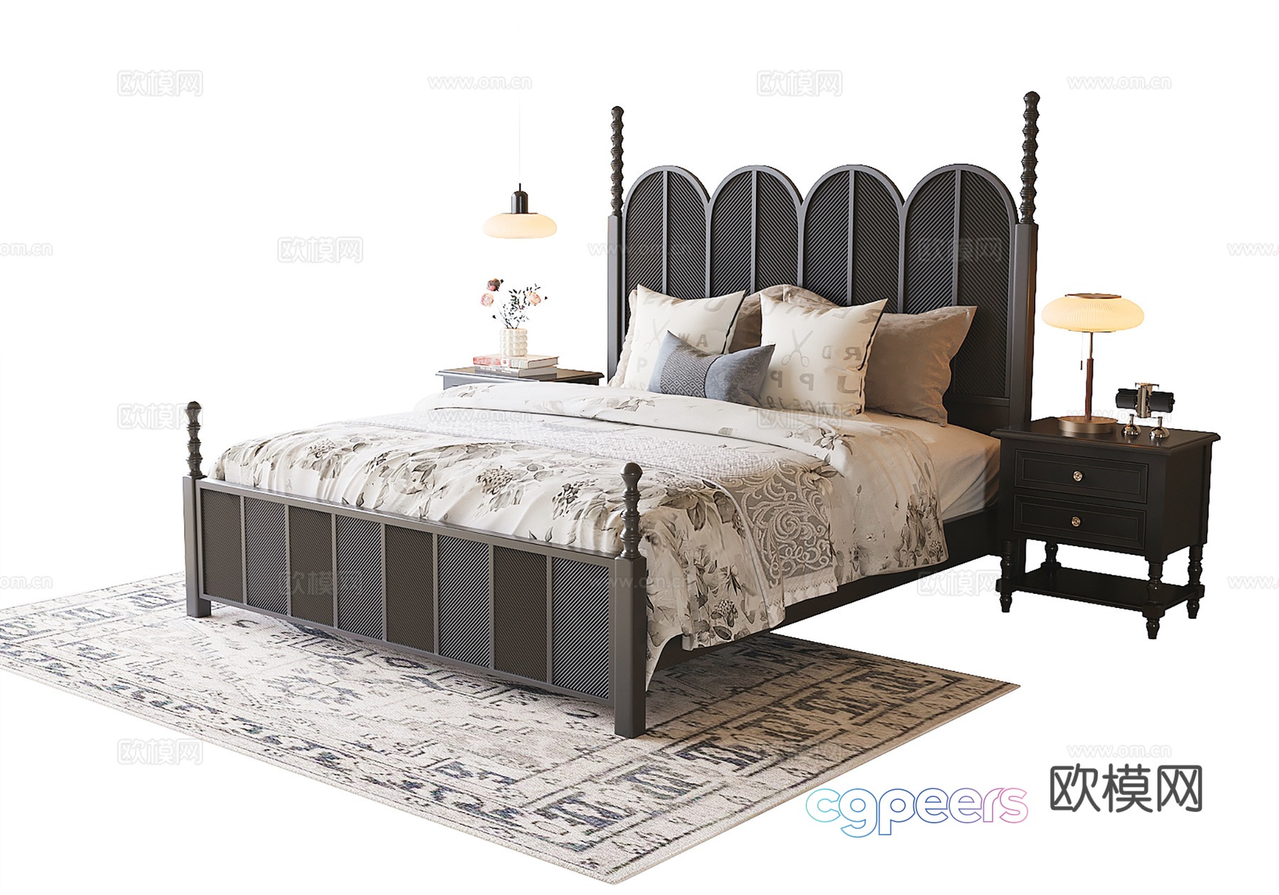 French double bed bedside table bedding 3d model French double bed bedside table bedding 3d model