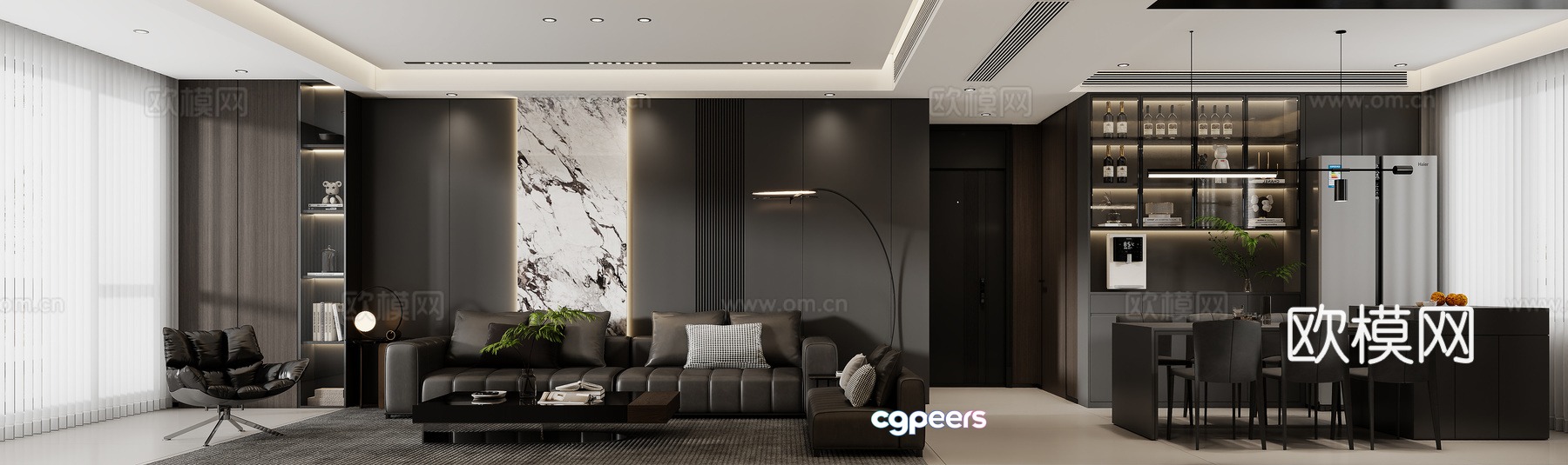 Black white and gray living and dining room 3D model Black white and gray living and dining room 3D model