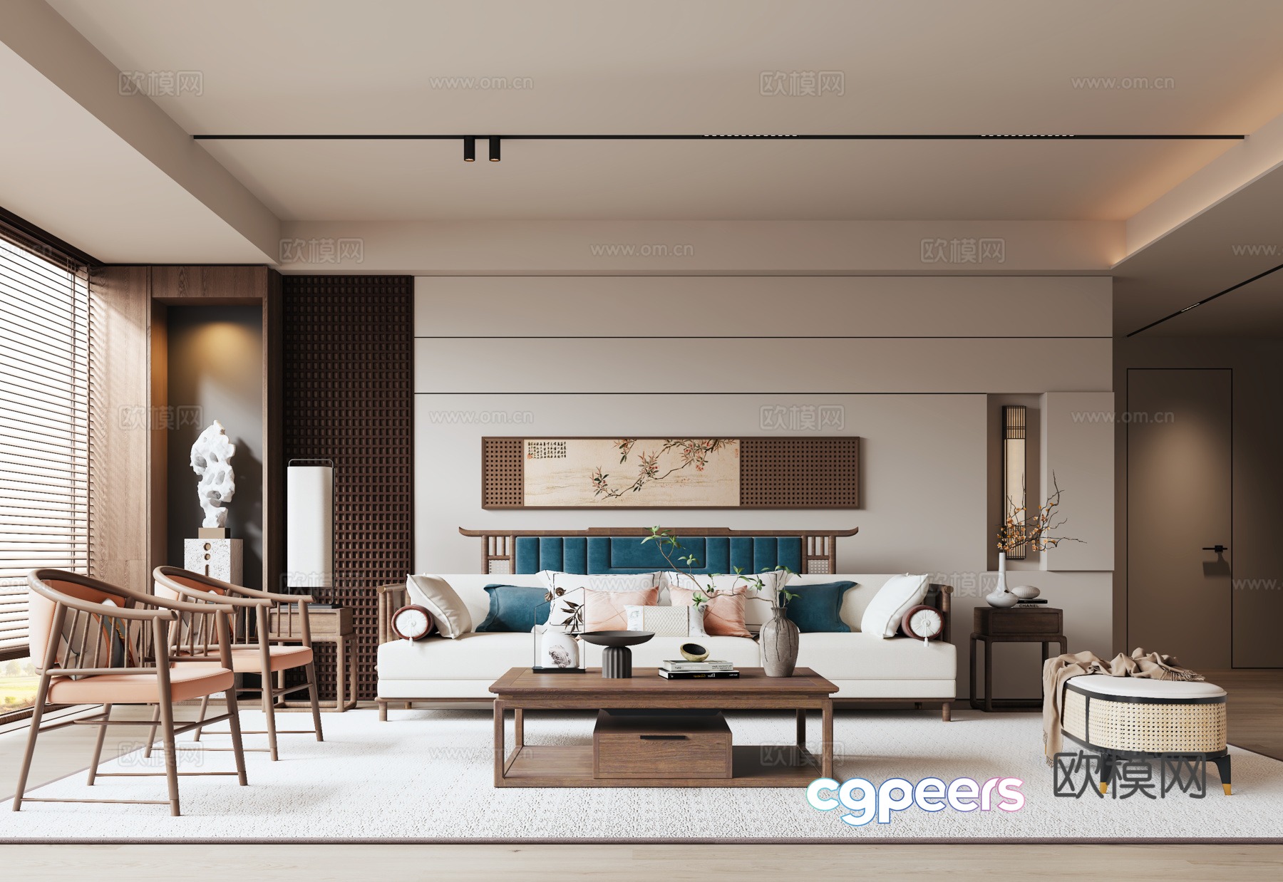 New Chinese style living room sofa background wall sofa coffee table combination 3D model New Chinese style living room sofa background wall sofa coffee table combination 3D model
