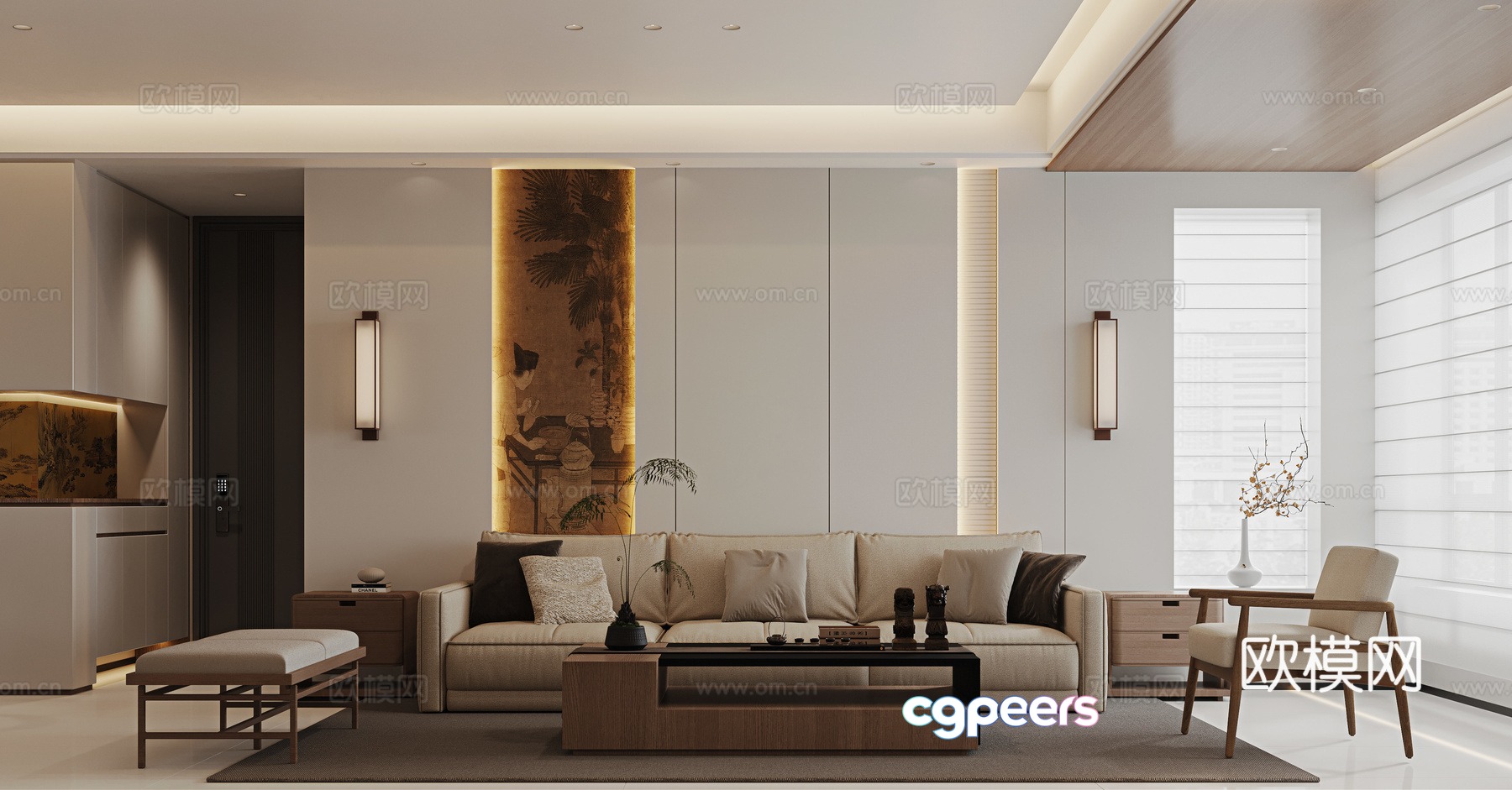 New Chinese style living room sofa background 3d model New Chinese style living room sofa background 3d model