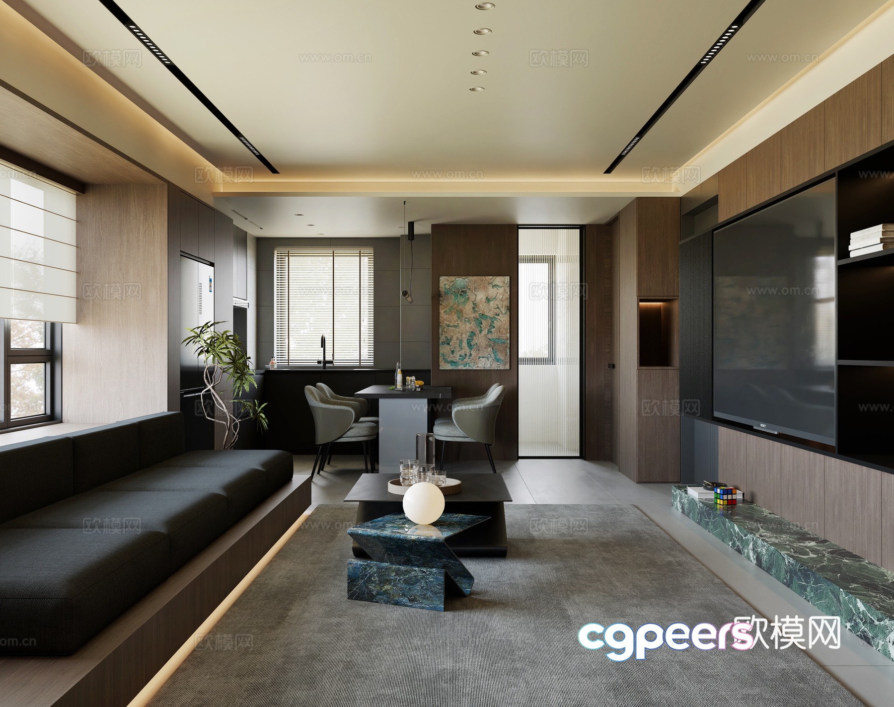 Modern living and dining room combination sofa dining table dark wind dark wind open kitchen western kitchen 3d model Modern living and dining room combination sofa dining table dark wind dark wind open kitchen western kitchen 3d model