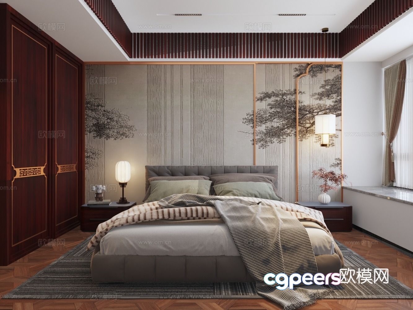 Chinese style mahogany master bedroom double bed background wall bedside table bay window 3d model Chinese style mahogany master bedroom double bed background wall bedside table bay window 3d model