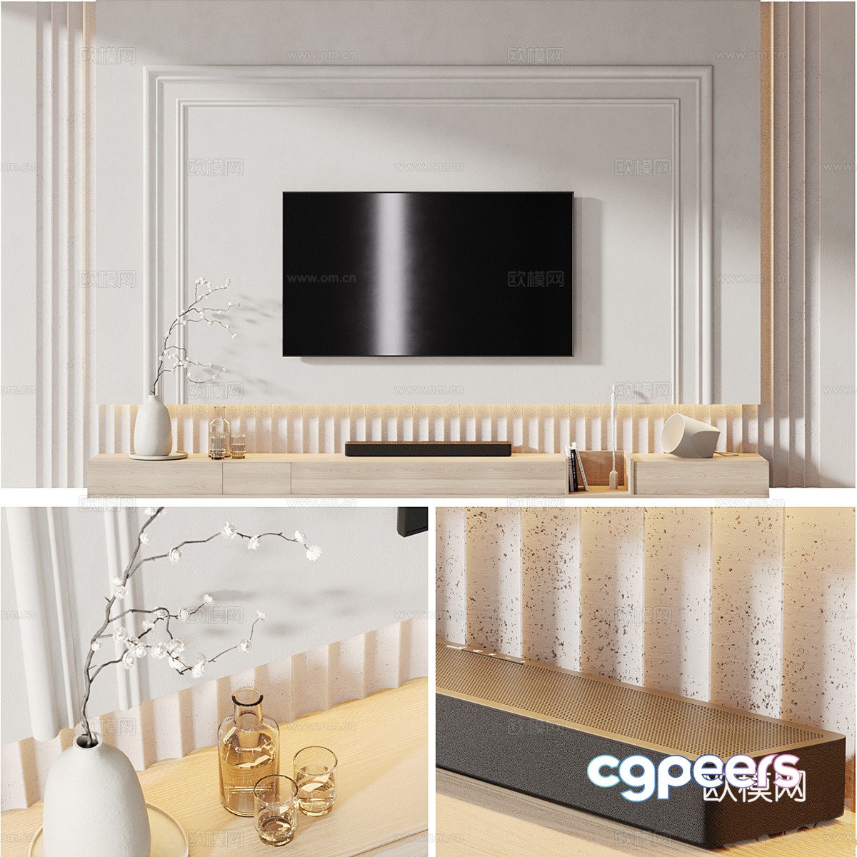 Modern creamy TV background wall 3d model Modern creamy TV background wall 3d model