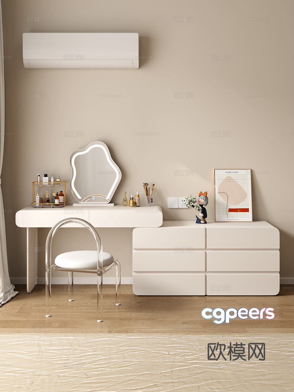 Cream style dressing table makeup stool combination dressing table makeup stool mirror decoration hanging painting 3D model