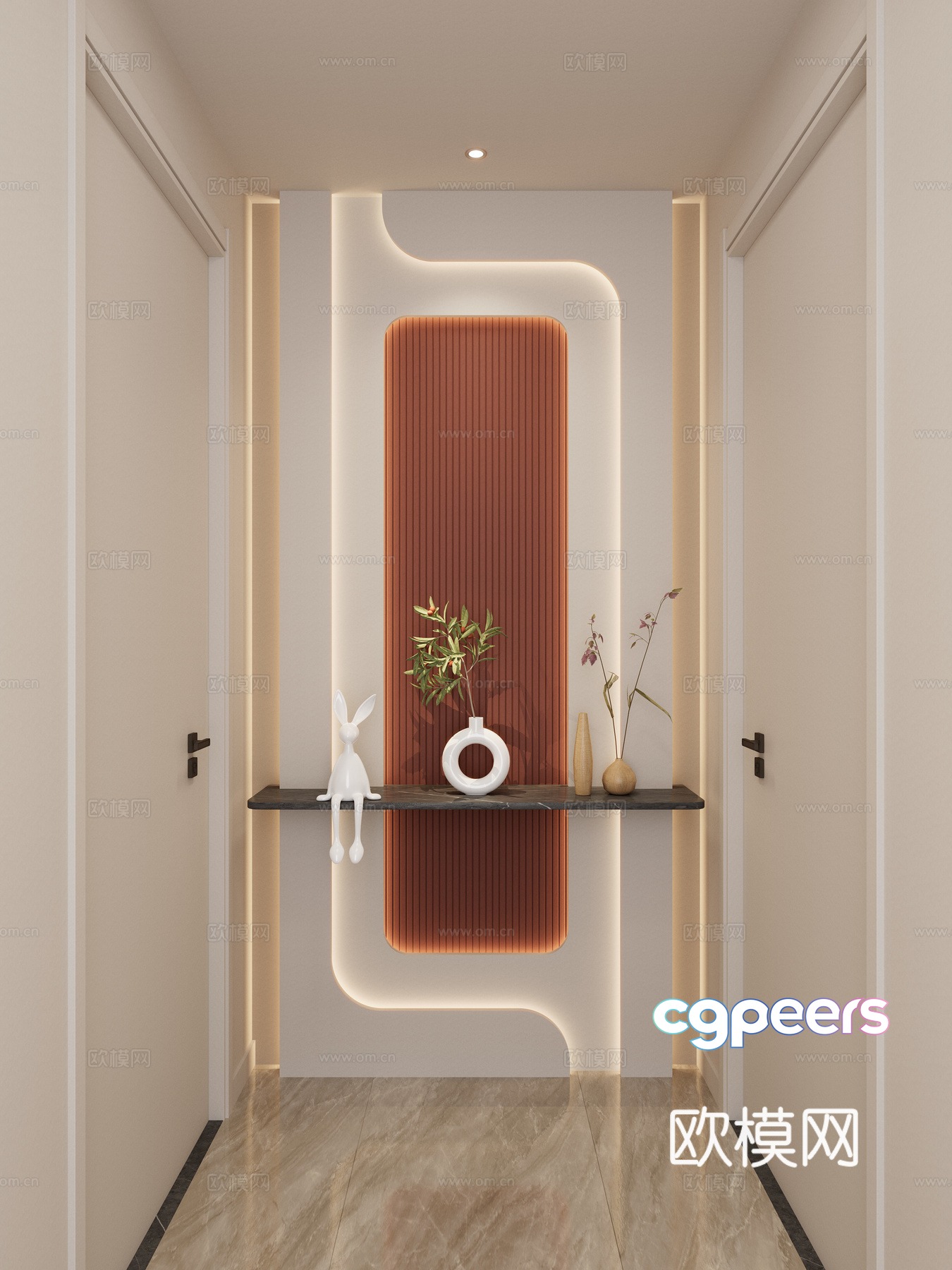 Simple creamy style curved shape Hermes orange marble corridor end view 3D model Simple creamy style curved shape Hermes orange marble corridor end view 3D model
