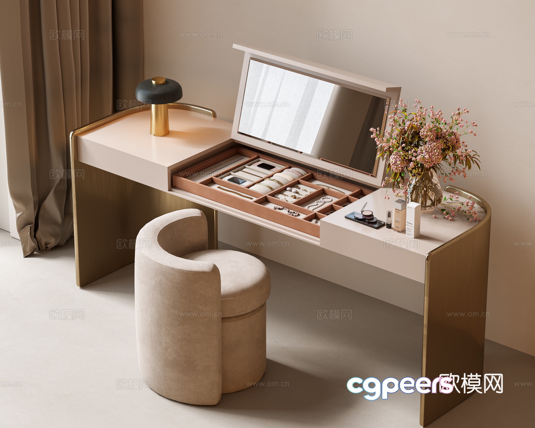 Modern light luxury dressing table jewelry box dressing table makeup stool combination cosmetics combination dressing table flower 3d model Modern light luxury dressing table jewelry box dressing table makeup stool combination cosmetics combination dressing table flower 3d model