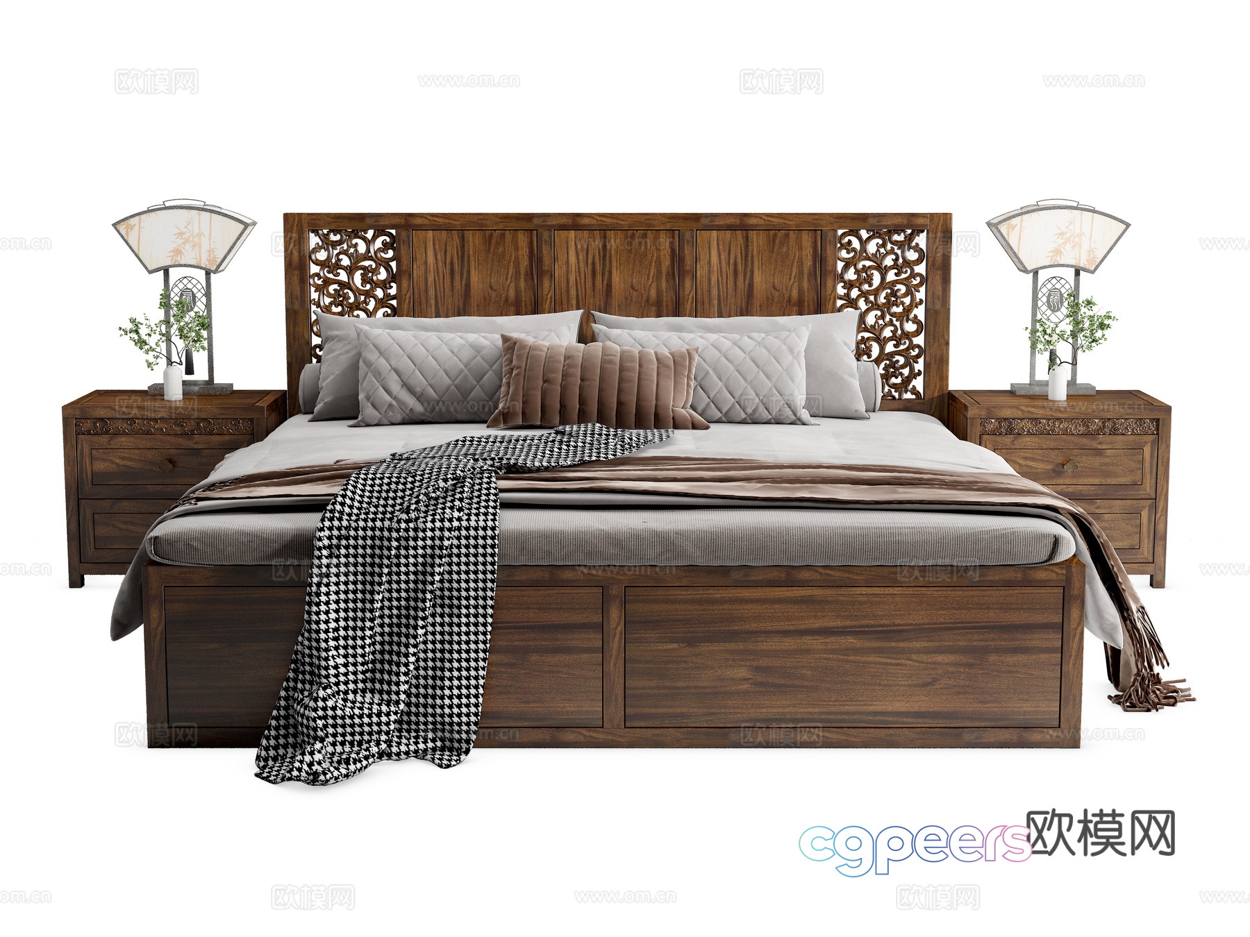New Chinese style bed solid wood bed hollow carved bed black gold wood double bed bedside table 3D model New Chinese style bed solid wood bed hollow carved bed black gold wood double bed bedside table 3D model