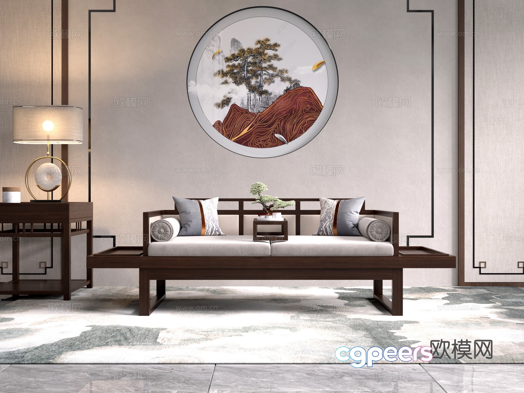 New Chinese style Arhat bed Sofa background wall Jewelry ornaments Side table Carpet 3D model New Chinese style Arhat bed Sofa background wall Jewelry ornaments Side table Carpet 3D model
