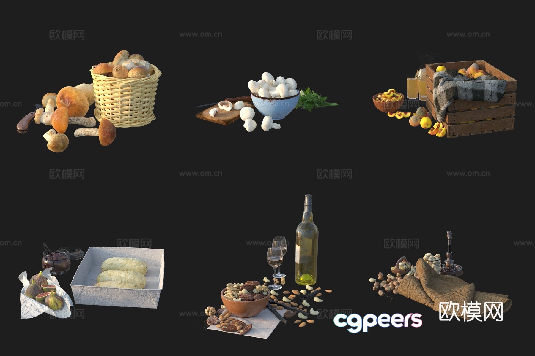 Table food ingredients mushrooms fruit nut bread 3d model Table food ingredients mushrooms fruit nut bread 3d model