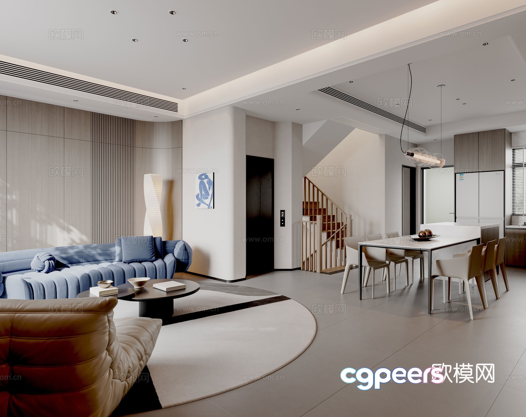 Modern home living and dining room blue sofa combination 3D model Modern home living and dining room blue sofa combination 3D model