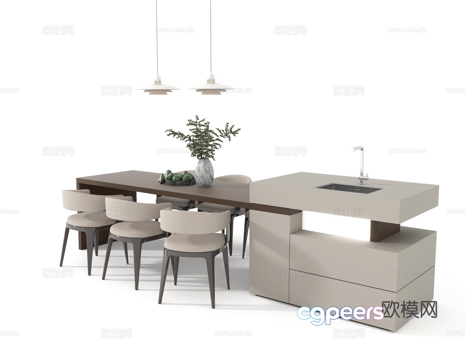 Modern creamy island dining table and chair combination 3D model Modern creamy island dining table and chair combination 3D model