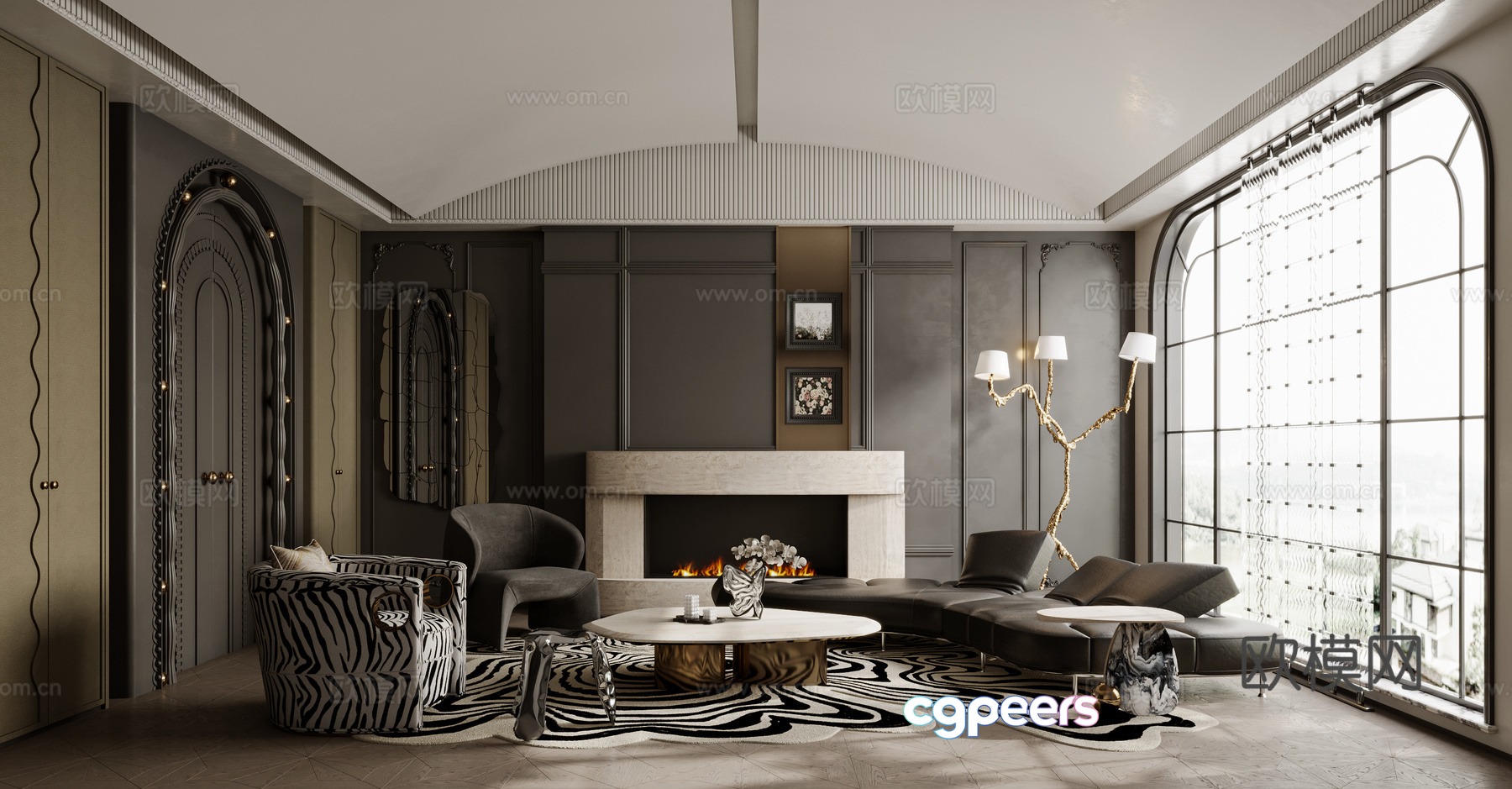 French living room sofa coffee table combination single sofa curved sofa side table 3D model French living room sofa coffee table combination single sofa curved sofa side table 3D model