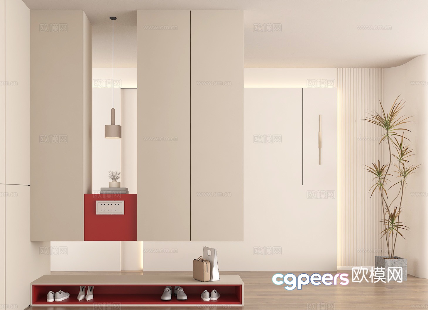 Interior decoration entrance entrance design light-colored space red embellished entrance cabinet green plant decoration 3D model Interior decoration entrance entrance design light-colored space red embellished entrance cabinet green plant decoration 3D model
