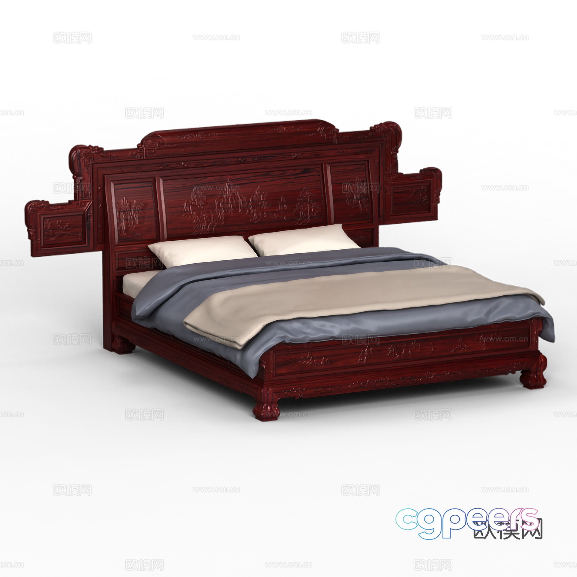 Chinese double bed carved bedside bed body solid wood mahogany 3D model Chinese double bed carved bedside bed body solid wood mahogany 3D model