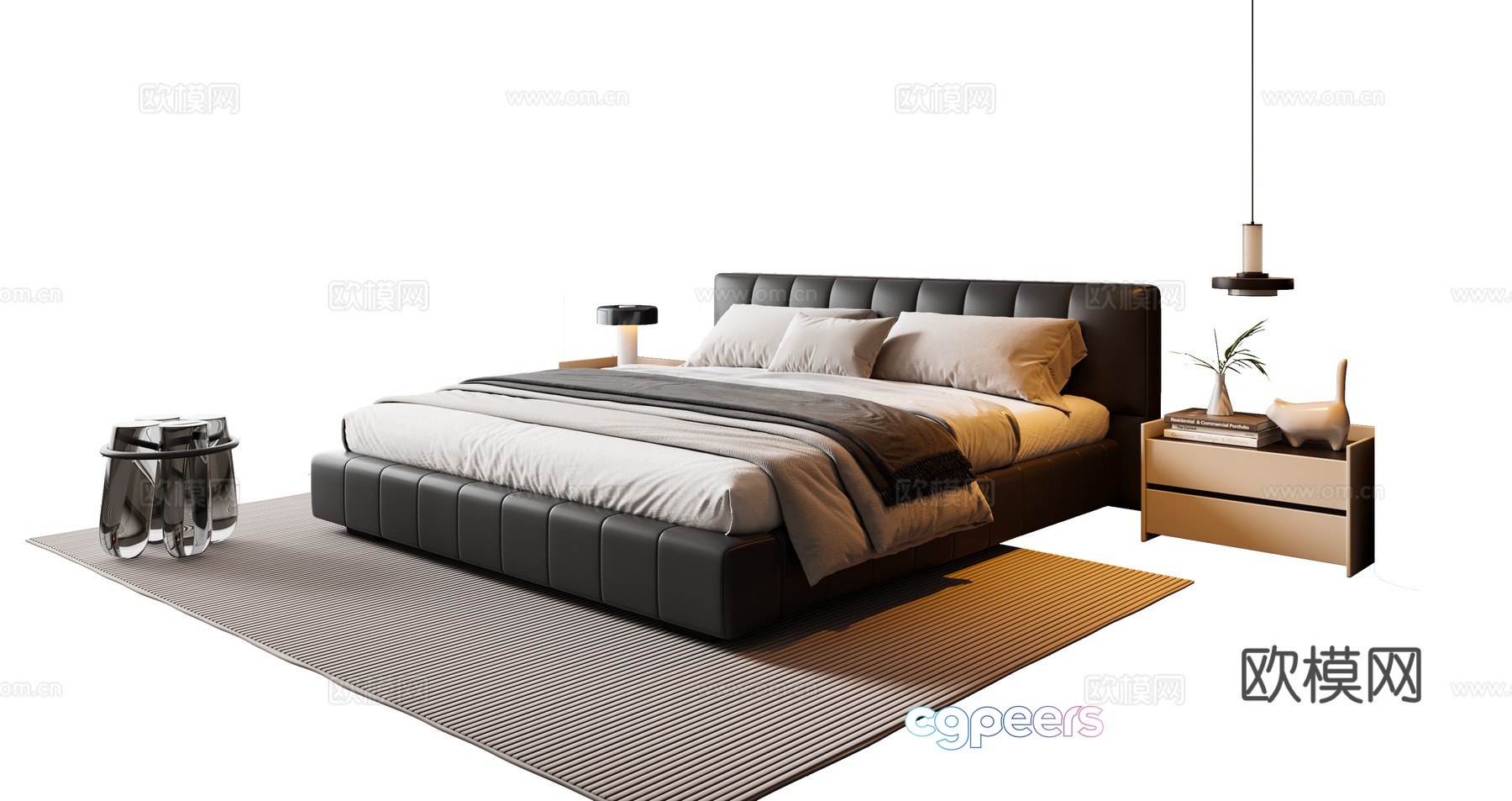 Modern Italian double bed leather double bed nightstand chandeliers carpet 3d model Modern Italian double bed leather double bed nightstand chandeliers carpet 3d model