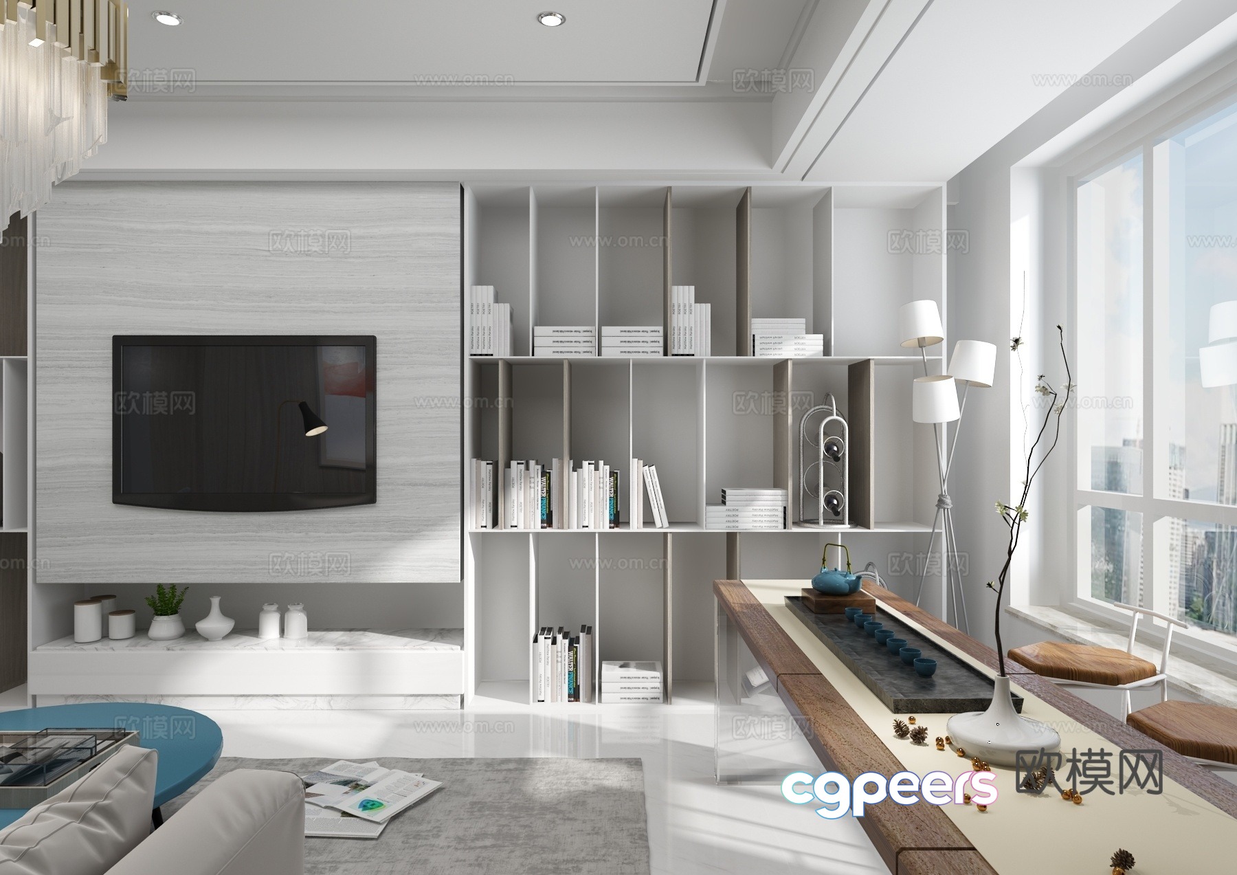Modern living and dining room chandeliers modern sofa dining table iron bookshelf hanging painting 3d model Modern living and dining room chandeliers modern sofa dining table iron bookshelf hanging painting 3d model