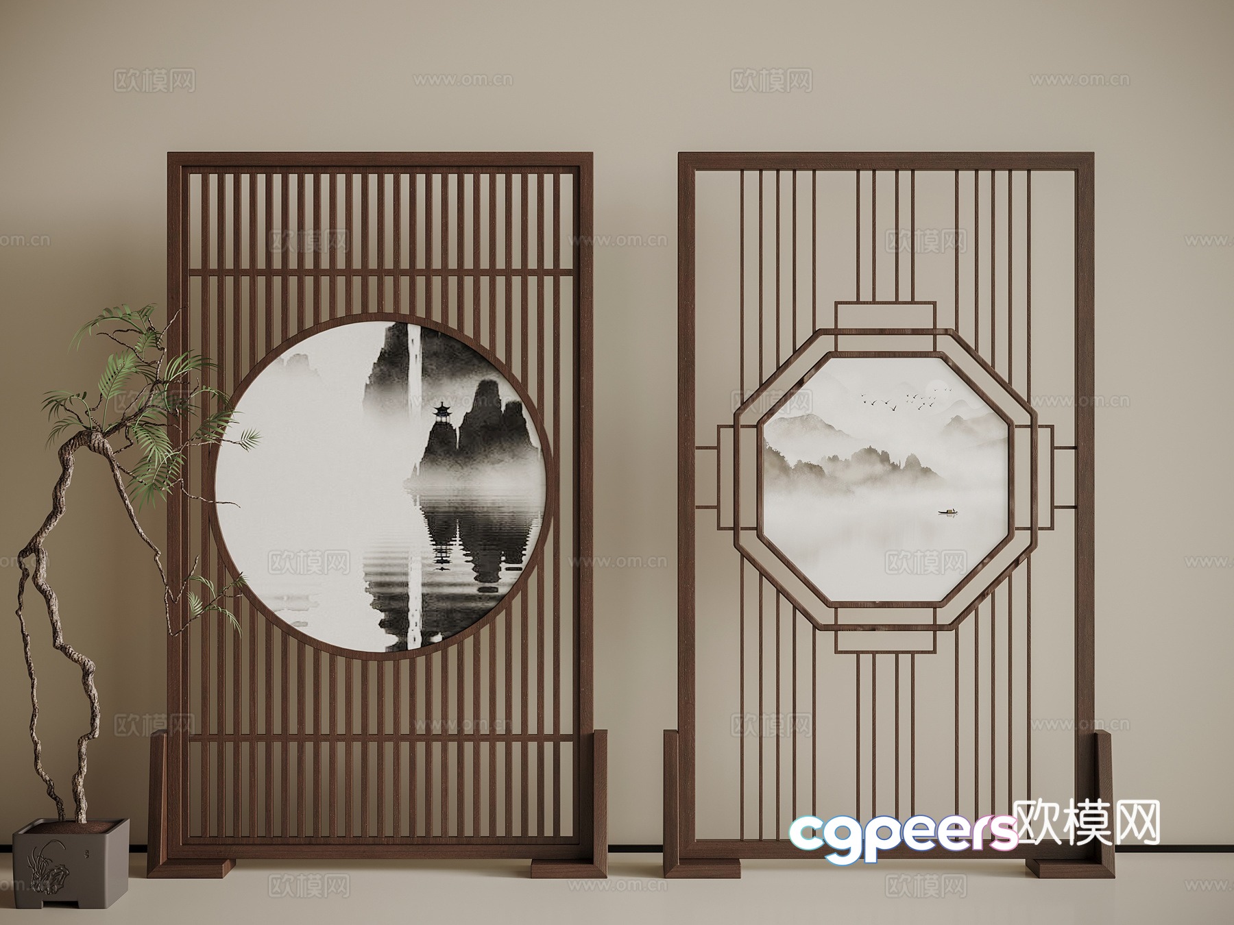 New Chinese-style screen combination green plant potted 3D model New Chinese-style screen combination green plant potted 3D model