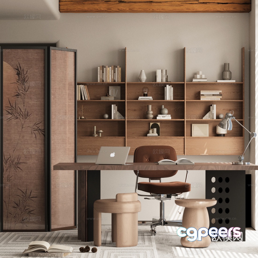 Middle-aged study room solid wood bookcase desk and chair combination screen 3D model Middle-aged study room solid wood bookcase desk and chair combination screen 3D model